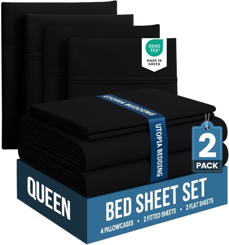 Utopia Bedding Queen Sheet Set – 4 Piece Bed Sheets for Queen Size Bed, Soft and Breathable Microfiber, Includes 1 Fitted Sheet, 1 Flat Sheet and 2 Pillowcases (Black)