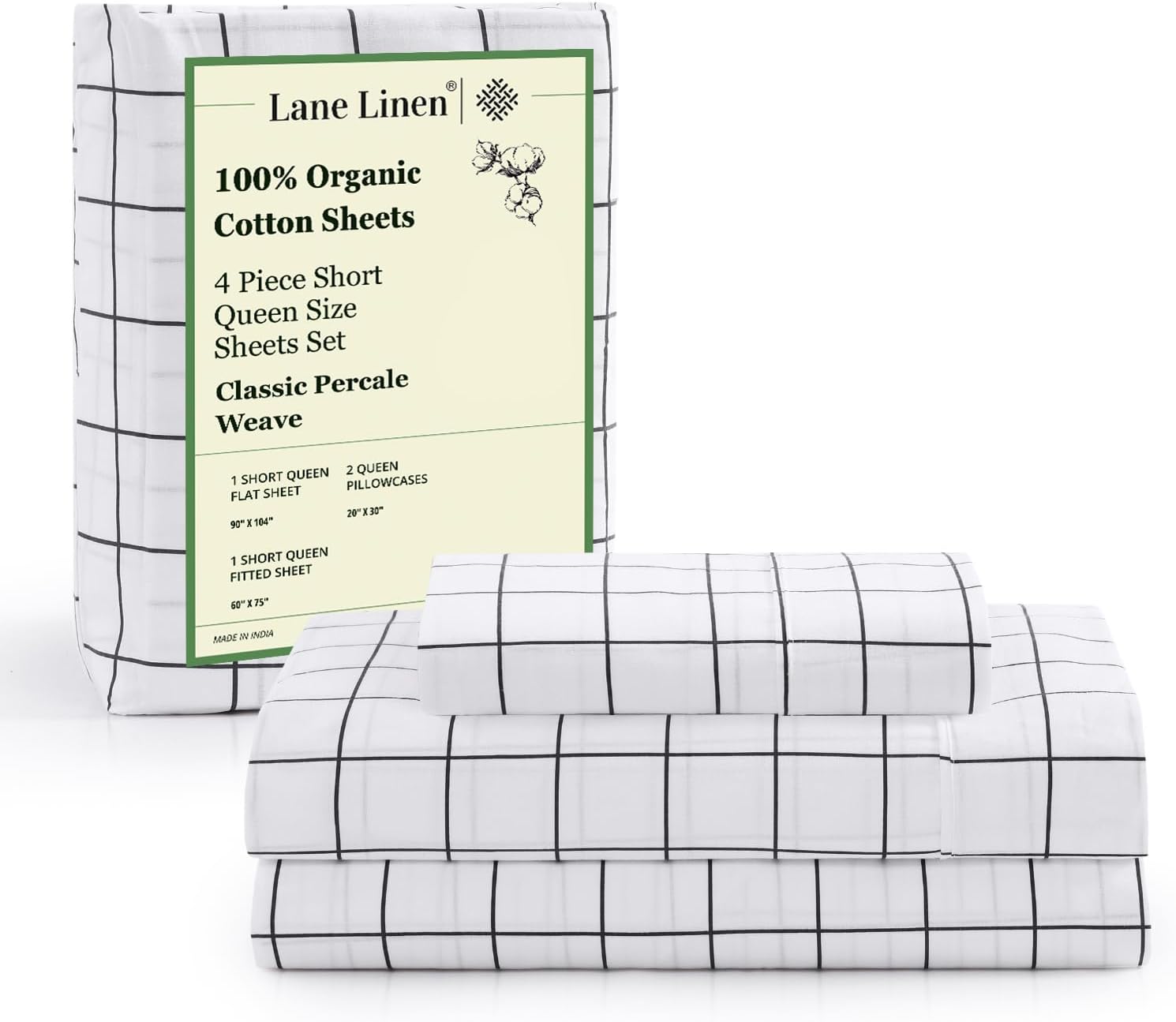 LANE LINEN 100% Organic Cotton King Size Sheets Set, Soft & Comfy All Season Breathable Sheets King Size, Percale Weave Fully Elasticized Eco Friendly Naturally Cooling King White Bed Sheets