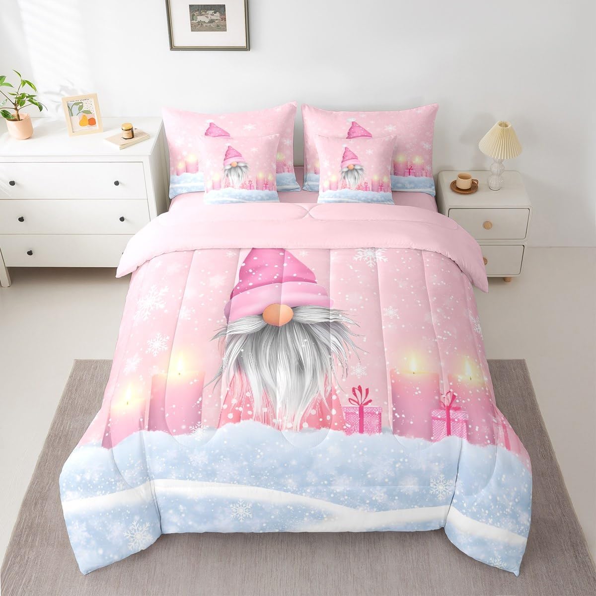 Pink Christmas 7 Piece Bedding Set Full Size Merry Christmas Snowman Bed in a Bag for Boys Girls Bedroom Decor Santa Claus Comforter Set with Sheets,Pillowcases & Cushion Cover Soft Xmas Tree Deer