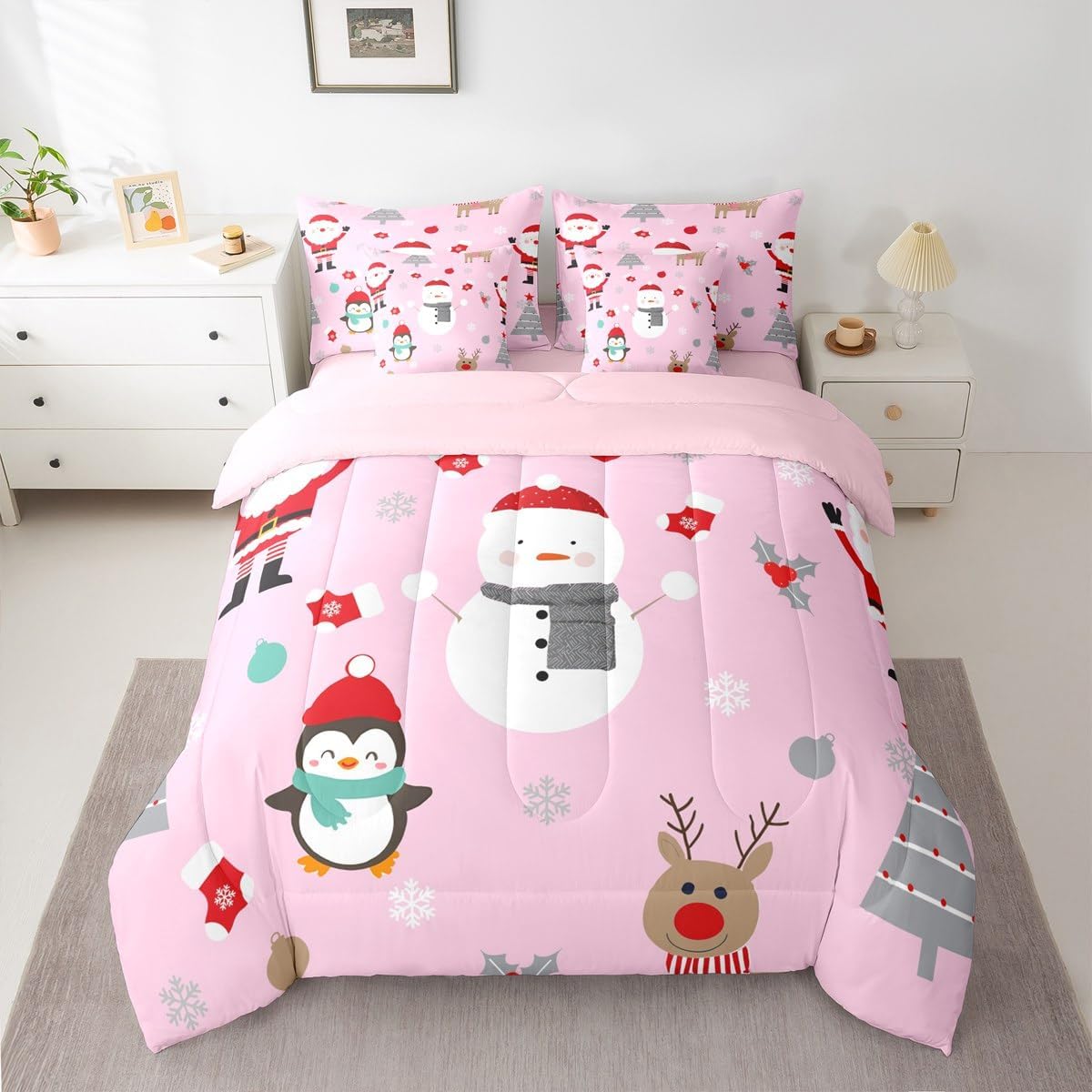 Pink Christmas 7 Piece Bedding Set Full Size Merry Christmas Snowman Bed in a Bag for Boys Girls Bedroom Decor Santa Claus Comforter Set with Sheets,Pillowcases & Cushion Cover Soft Xmas Tree Deer