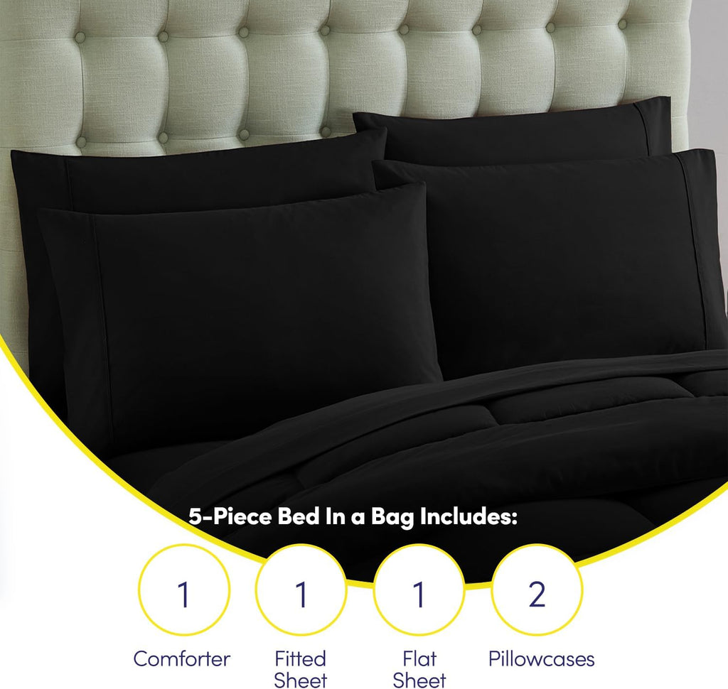 Sweet Home Collection 5 Piece Comforter Set Bag Solid Color All Season Soft Down Alternative Blanket & Luxurious Microfiber Bed Sheets, Black, Twin