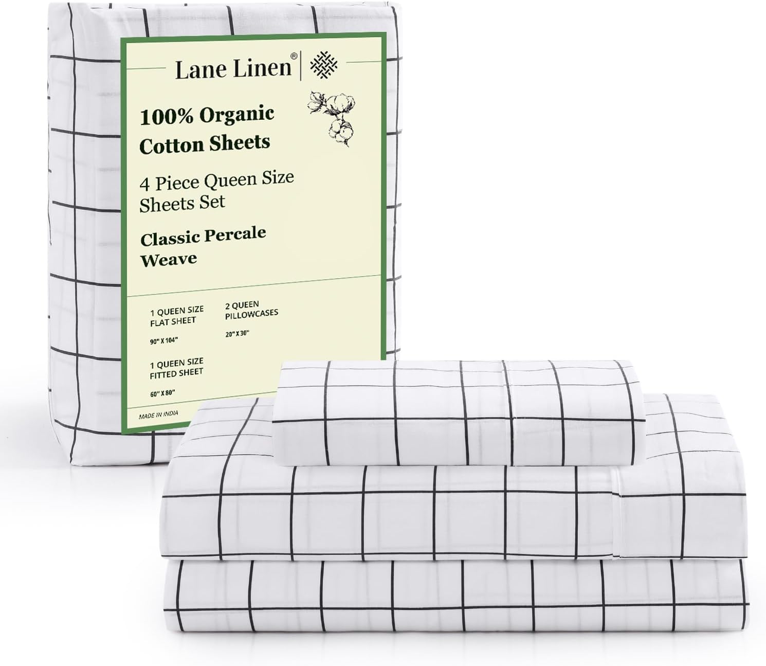 LANE LINEN 100% Organic Cotton King Size Sheets Set, Soft & Comfy All Season Breathable Sheets King Size, Percale Weave Fully Elasticized Eco Friendly Naturally Cooling King White Bed Sheets