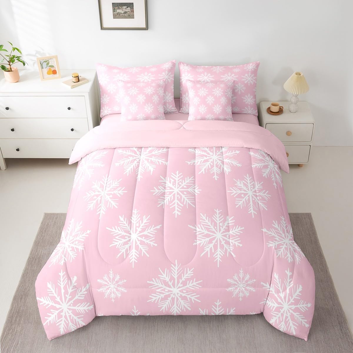 Pink Christmas 7 Piece Bedding Set Full Size Merry Christmas Snowman Bed in a Bag for Boys Girls Bedroom Decor Santa Claus Comforter Set with Sheets,Pillowcases & Cushion Cover Soft Xmas Tree Deer