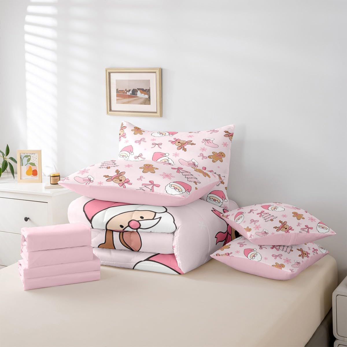 Pink Christmas 7 Piece Bedding Set Full Size Merry Christmas Snowman Bed in a Bag for Boys Girls Bedroom Decor Santa Claus Comforter Set with Sheets,Pillowcases & Cushion Cover Soft Xmas Tree Deer