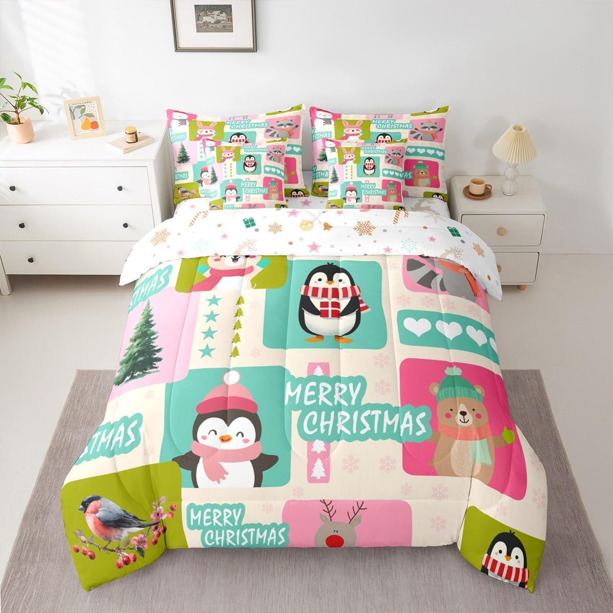 Pink Christmas 7 Piece Bedding Set Full Size Merry Christmas Snowman Bed in a Bag for Boys Girls Bedroom Decor Santa Claus Comforter Set with Sheets,Pillowcases & Cushion Cover Soft Xmas Tree Deer