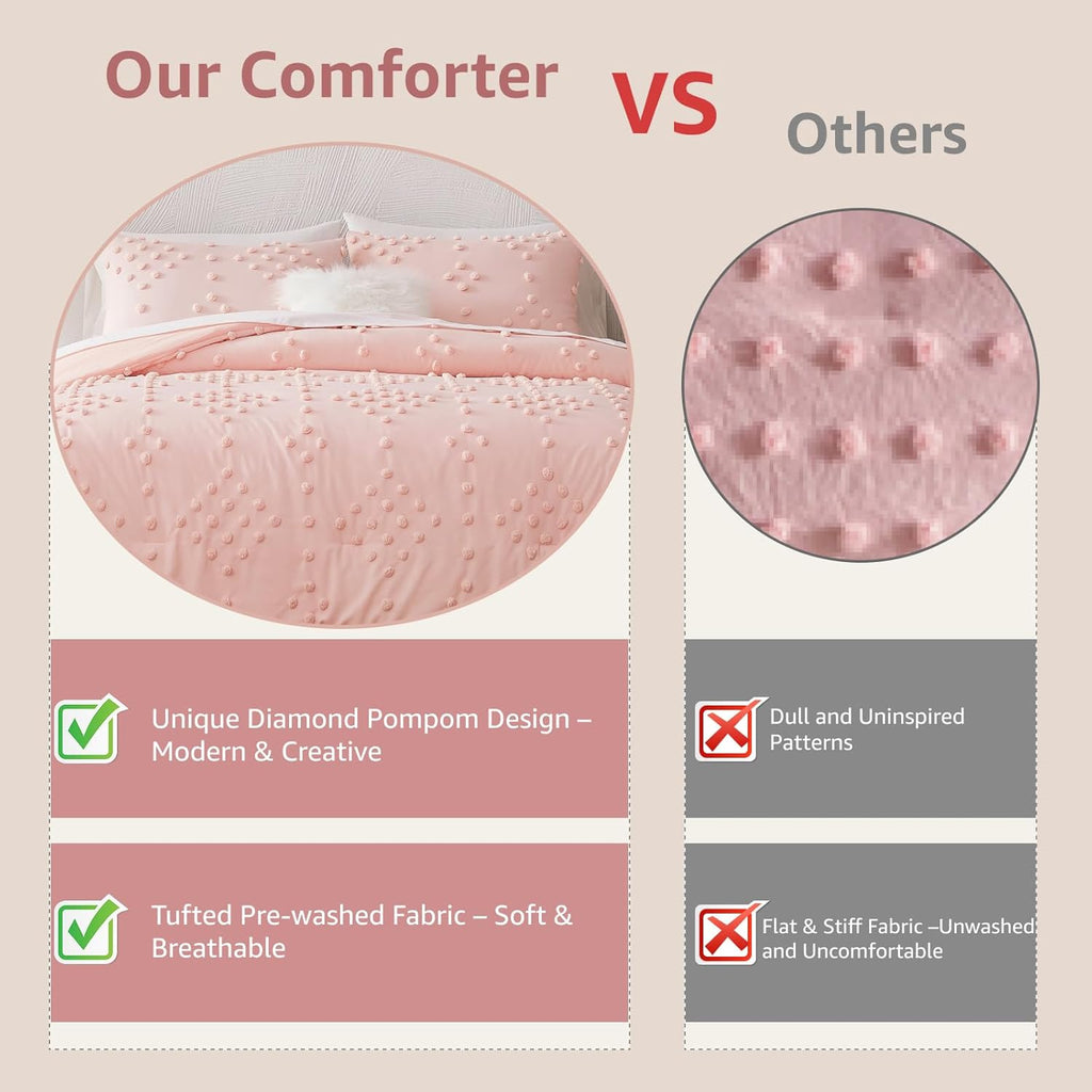 Geniospin Pink Twin/Twin XL Comforter Set for Girls- 5 Pieces Pom Tufted Bed in A Bag Twin Bedding Sets with Sheets, Pillowcases & Shams, All Season Kids Comforter Set