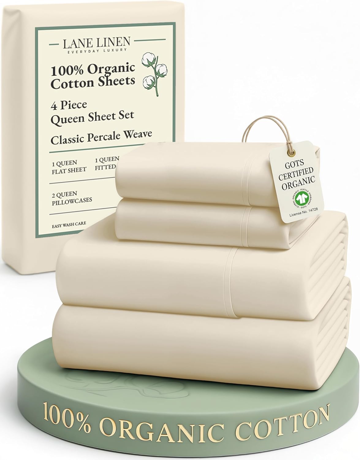 LANE LINEN 100% Organic Cotton King Size Sheets Set, Soft & Comfy All Season Breathable Sheets King Size, Percale Weave Fully Elasticized Eco Friendly Naturally Cooling King White Bed Sheets