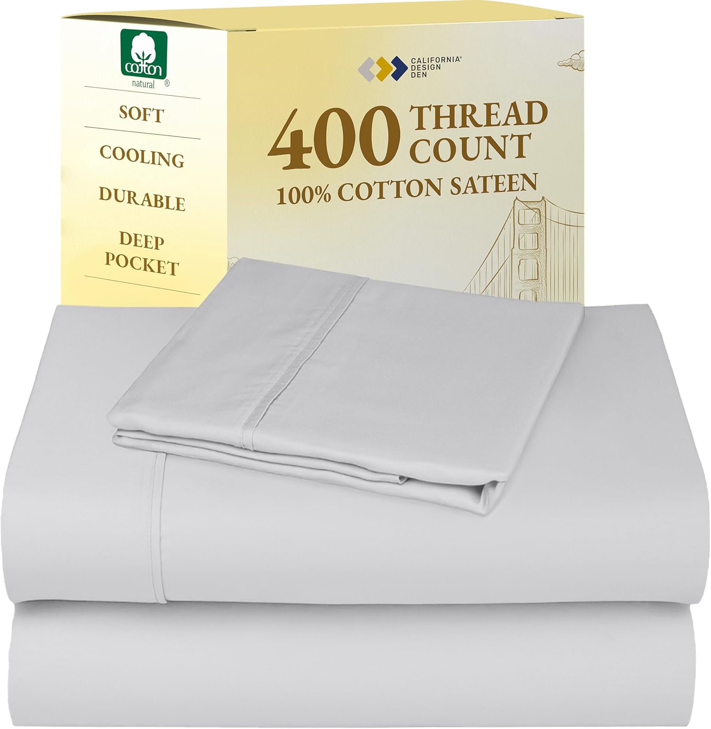California Design Den King Size Sheets Set - Soft 400 Thread Count Sateen, Natural 100% Cotton Sheets King Size, Deep Pockets with All Around Elastic for a Snug Fit, Cool & Durable Bedding - White