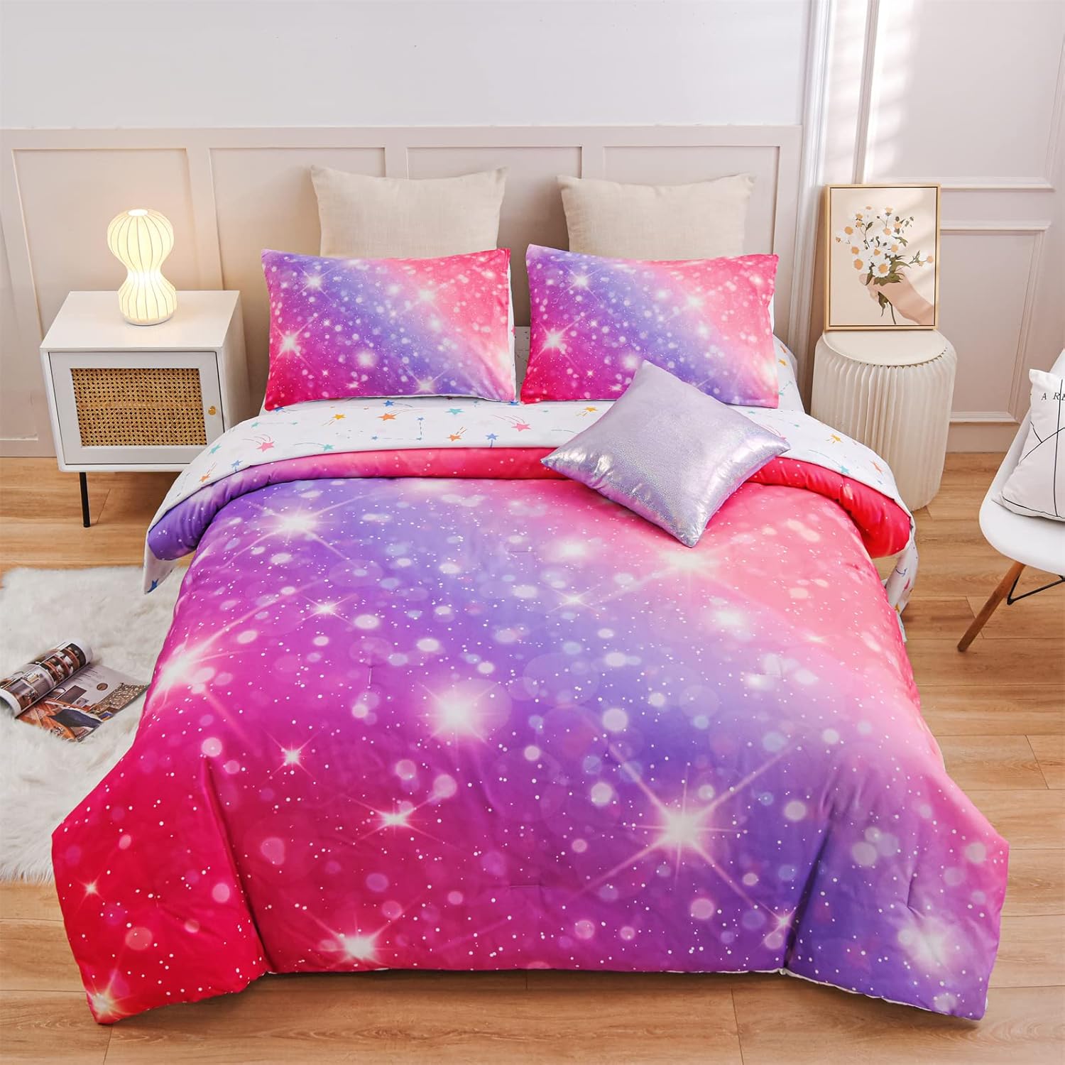 A Nice Night 6Pcs Gradient Glitter Bedding Set for Girls Full Size, Colorful Rainbow Galaxy Comforter Set, Ultra Soft Bedding Sets, Pink