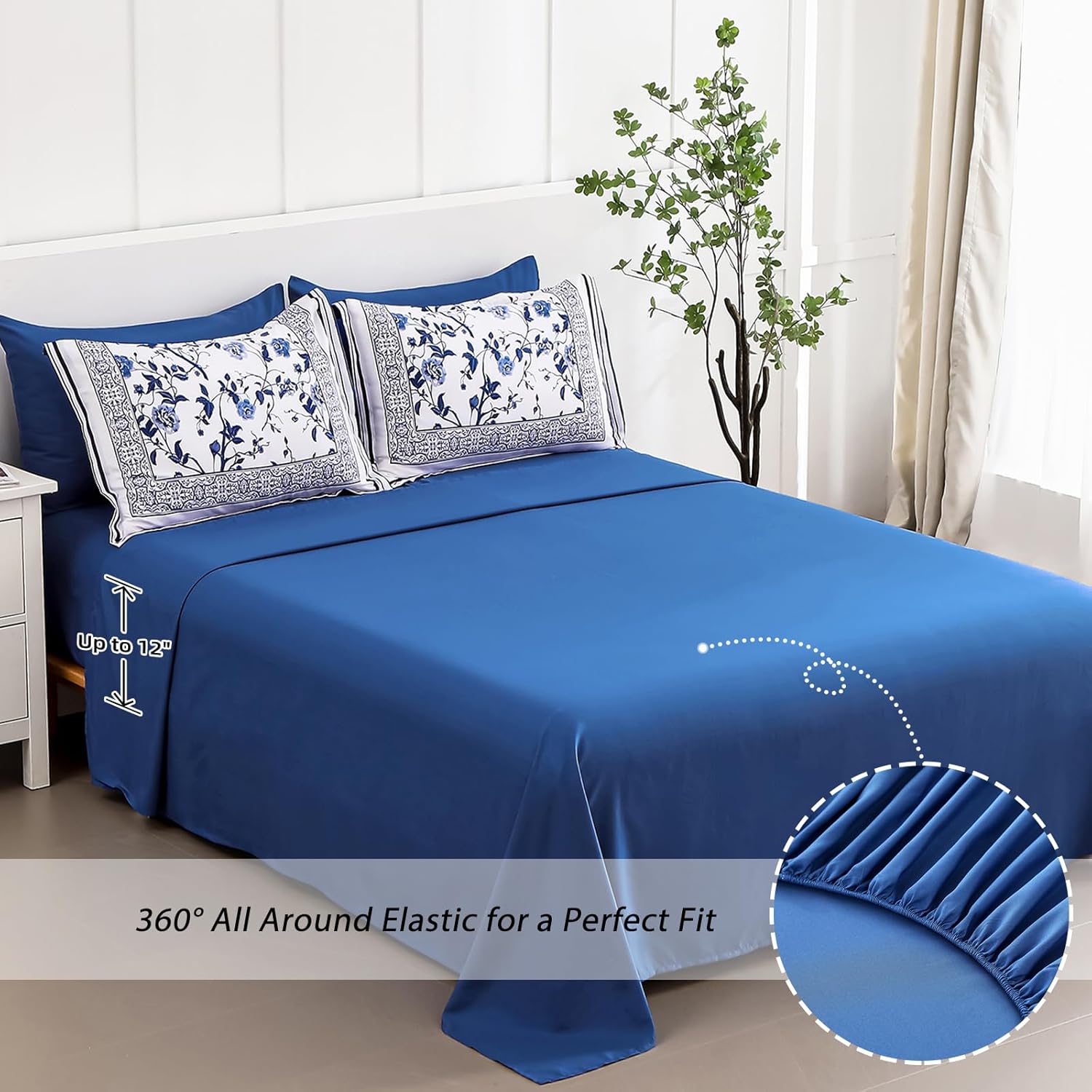 Dobuyly Floral Queen Comforter Set, 7 Piece Bed in a Bag Queen Size Blue Flowers on White Botanical Bedding Set, Soft Microfiber Bedding Comforter Sets with Sheets for All Season