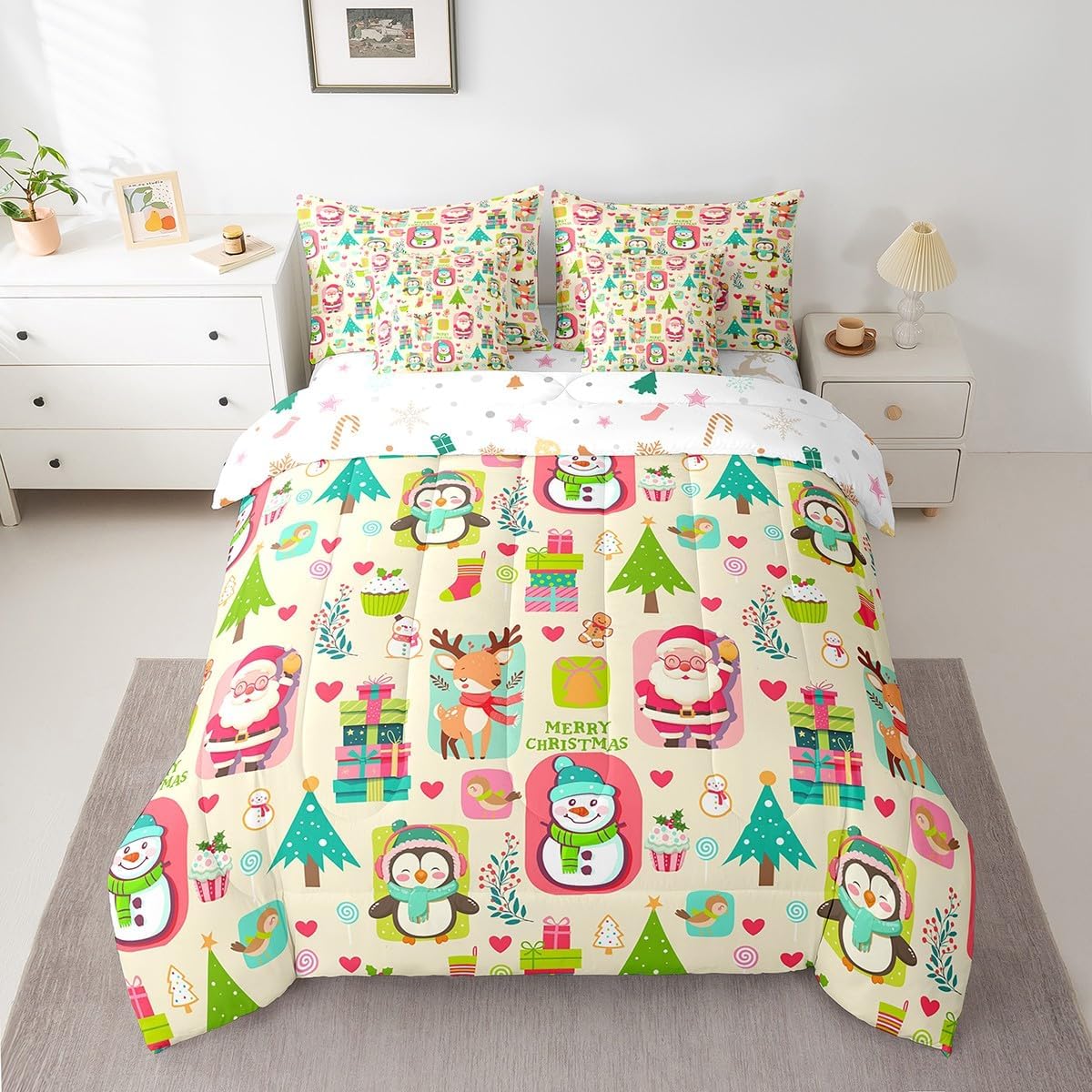Pink Christmas 7 Piece Bedding Set Full Size Merry Christmas Snowman Bed in a Bag for Boys Girls Bedroom Decor Santa Claus Comforter Set with Sheets,Pillowcases & Cushion Cover Soft Xmas Tree Deer