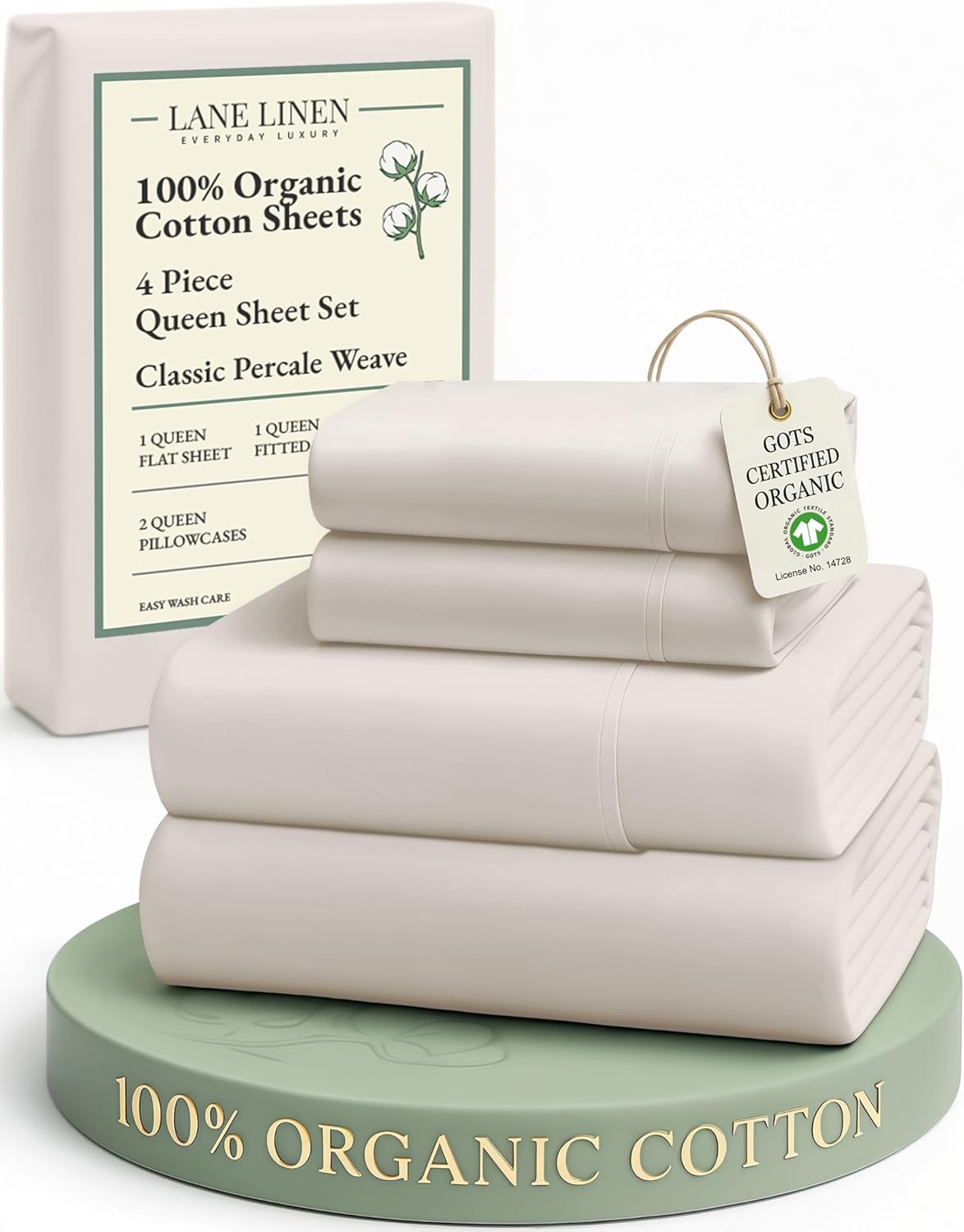 LANE LINEN 100% Organic Cotton King Size Sheets Set, Soft & Comfy All Season Breathable Sheets King Size, Percale Weave Fully Elasticized Eco Friendly Naturally Cooling King White Bed Sheets