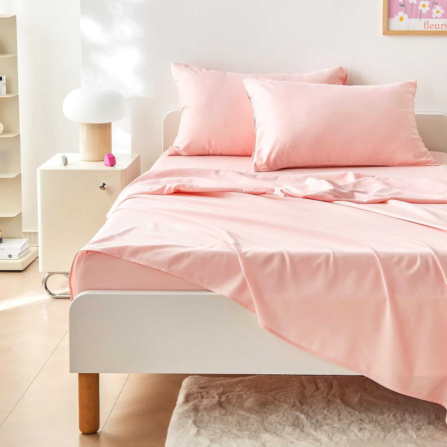 Wake In Cloud - Floral Bedding Set for Girls, Cute Colorful Botanical Flowers Patterned Soft Lightweight Comforter Set with Sheets, 5 Pieces Kids Bed in a Bag, Light Pink, Twin Size