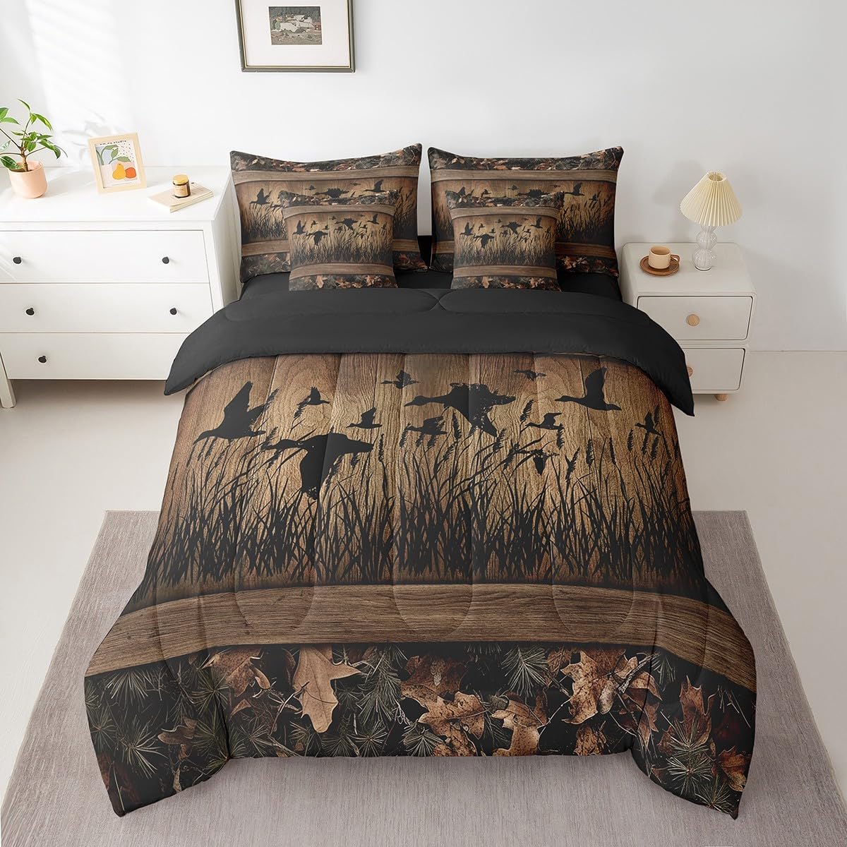Erosebridal 7 Piece Camo Mallard Duck Comforter Set with Sheets for Kids Boys Men Rustic Farmhouse Cabin Bed in A Bag Queen,Hunting Woodland Duck Bedding Set Country Wood Board Animal Bed Set