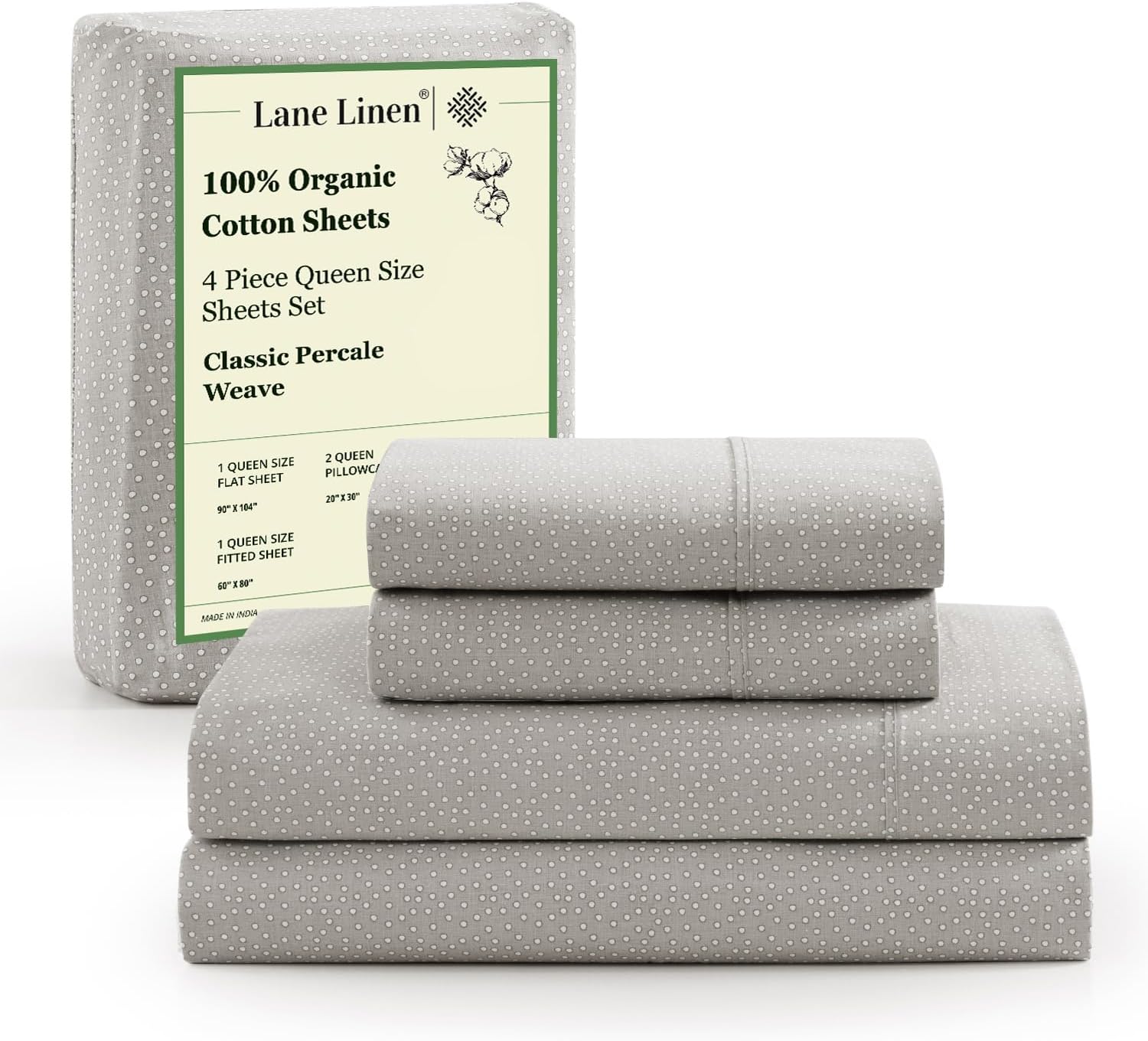 LANE LINEN 100% Organic Cotton King Size Sheets Set, Soft & Comfy All Season Breathable Sheets King Size, Percale Weave Fully Elasticized Eco Friendly Naturally Cooling King White Bed Sheets