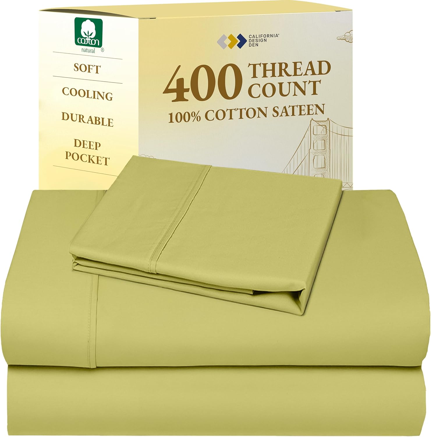 California Design Den King Size Sheets Set - Soft 400 Thread Count Sateen, Natural 100% Cotton Sheets King Size, Deep Pockets with All Around Elastic for a Snug Fit, Cool & Durable Bedding - White