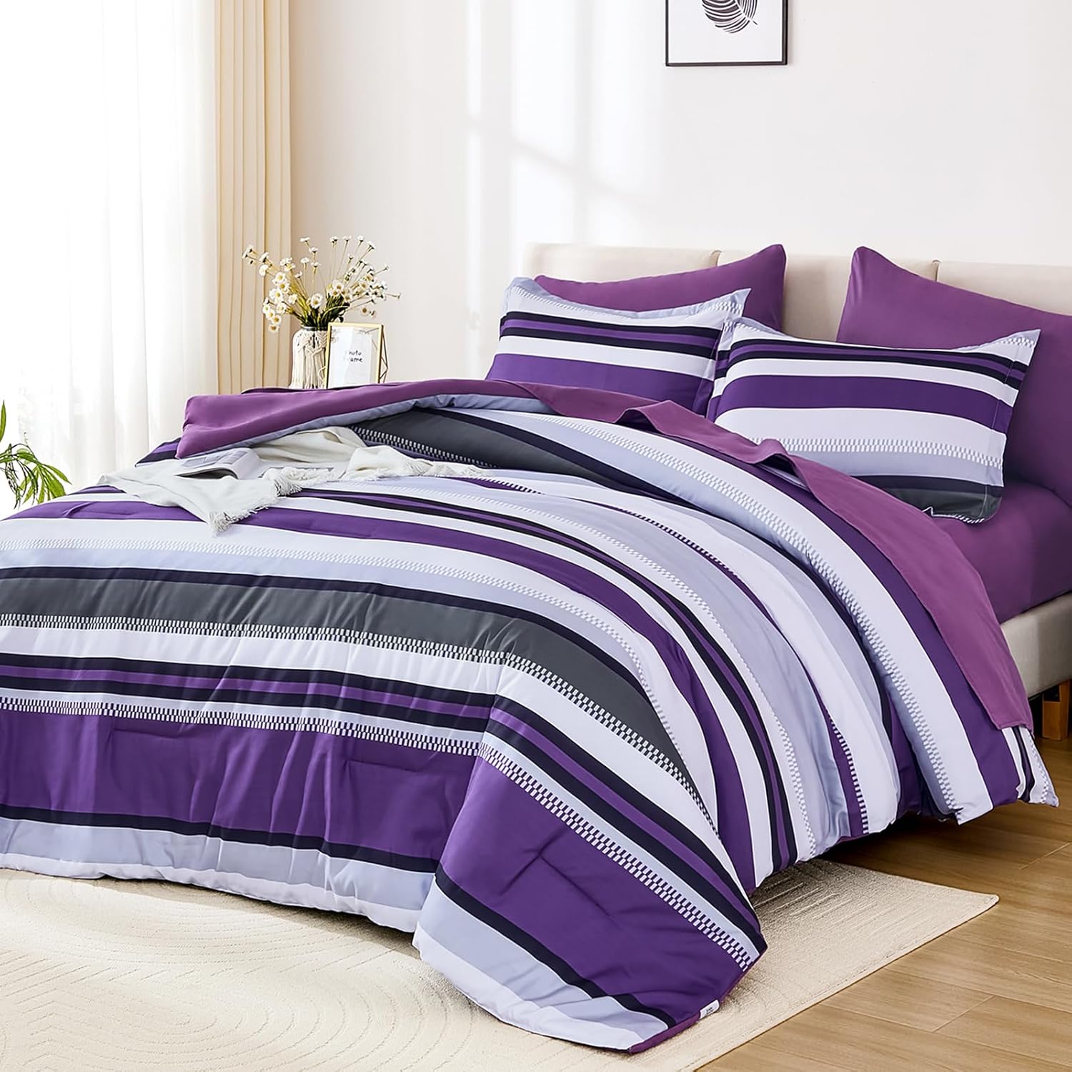 WONGS BEDDING Queen Comforter Set, 7 Pieces Blue Comforter Set Queen, Soft Striped Bed in a Bag Bedding Set with Comforter, Flat Sheet, Fitted Sheet, Pillow Shams, Pillowcase