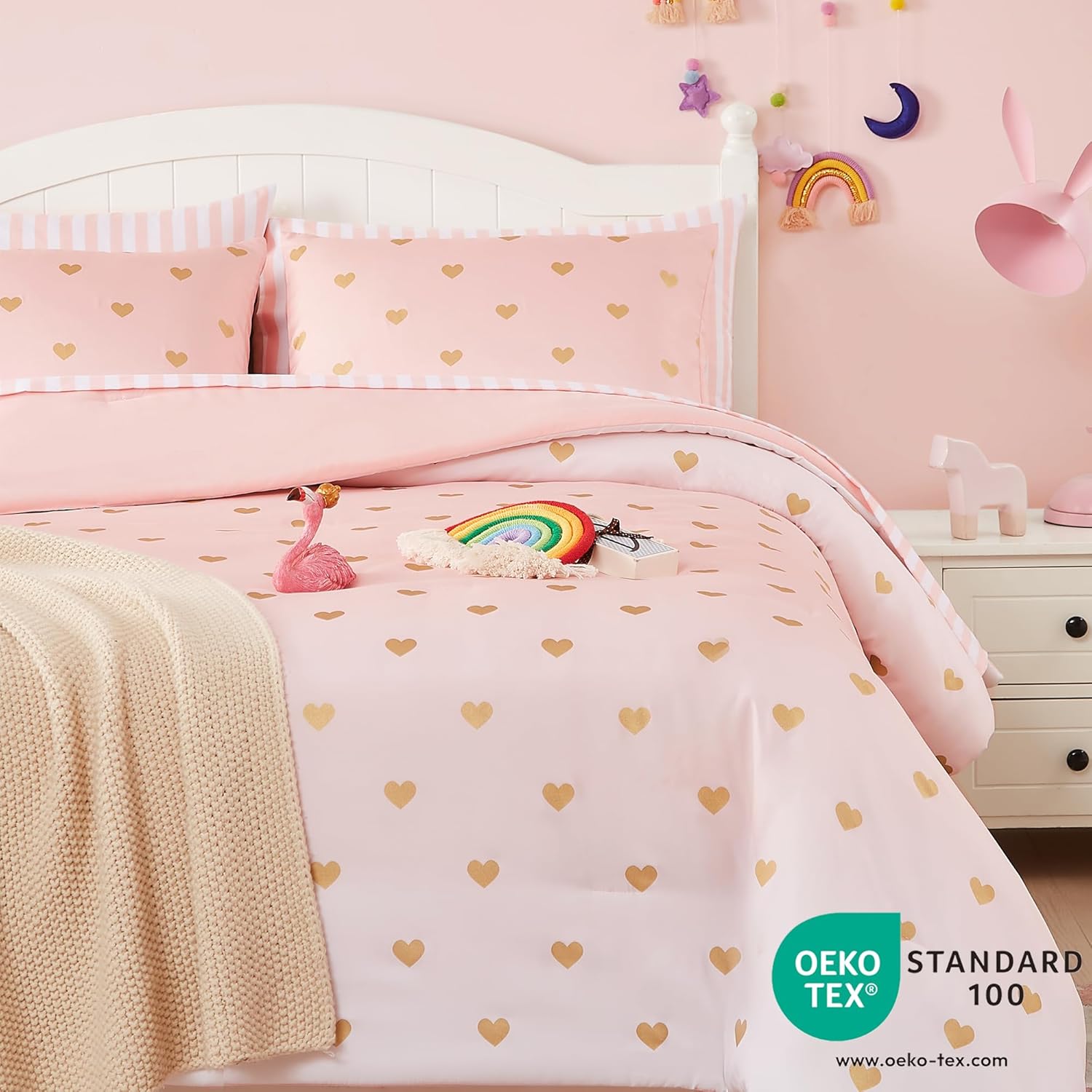 Full Size Comforter Sets with Sheets for Girls-7 Pieces Full Size Bedding Sets with Pink Comforter, Sheets, Pillowcases & Shams for Kids (Pink Gold Heart, 76" X 86")