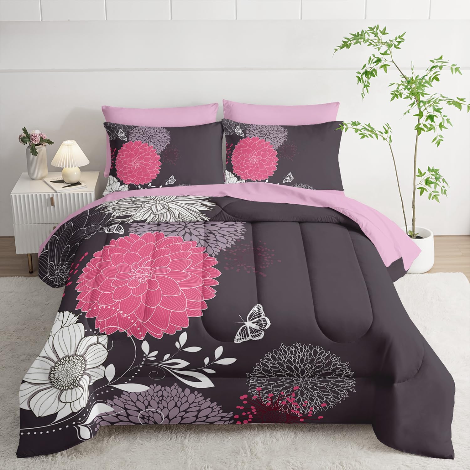 7pc Queen Comforter Set: Black & Gold Floral Bed in a Bag, Elegant Bedding with Sheets, Soft Microfiber, All Season Flower Design