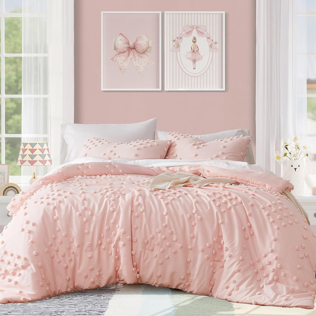 Geniospin Pink Twin/Twin XL Comforter Set for Girls- 5 Pieces Pom Tufted Bed in A Bag Twin Bedding Sets with Sheets, Pillowcases & Shams, All Season Kids Comforter Set
