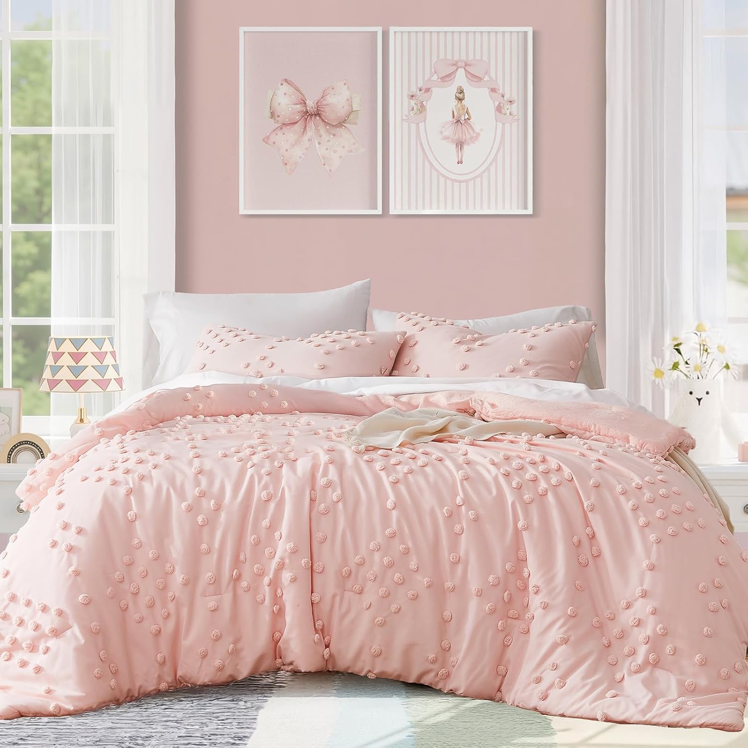 Geniospin Pink Twin/Twin XL Comforter Set for Girls- 5 Pieces Pom Tufted Bed in A Bag Twin Bedding Sets with Sheets, Pillowcases & Shams, All Season Kids Comforter Set