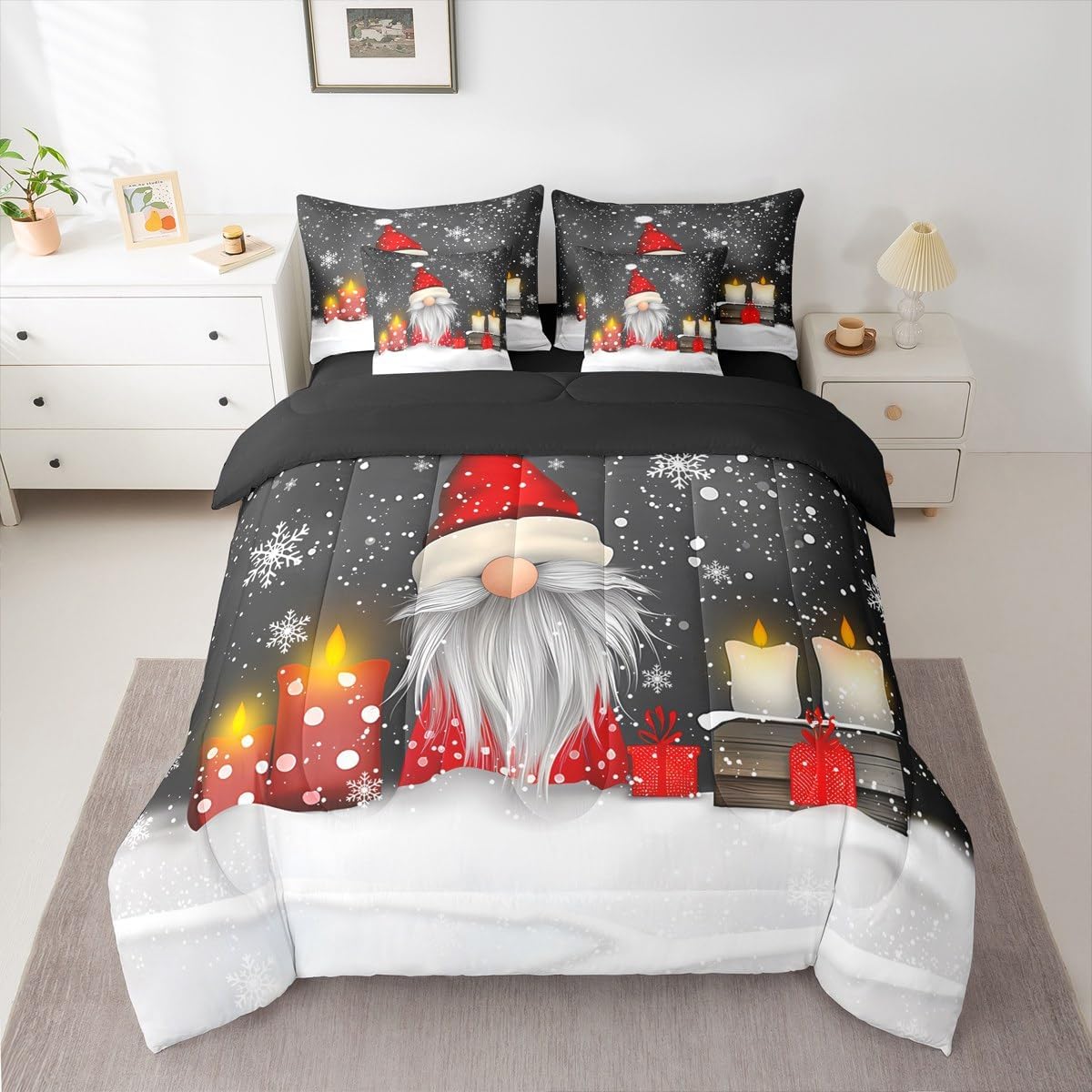 Pink Christmas 7 Piece Bedding Set Full Size Merry Christmas Snowman Bed in a Bag for Boys Girls Bedroom Decor Santa Claus Comforter Set with Sheets,Pillowcases & Cushion Cover Soft Xmas Tree Deer