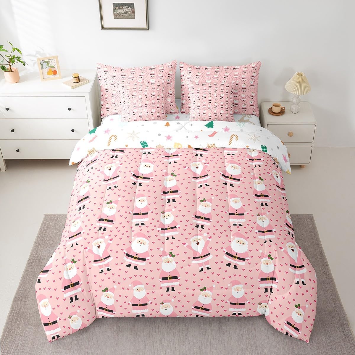 Pink Christmas 7 Piece Bedding Set Full Size Merry Christmas Snowman Bed in a Bag for Boys Girls Bedroom Decor Santa Claus Comforter Set with Sheets,Pillowcases & Cushion Cover Soft Xmas Tree Deer