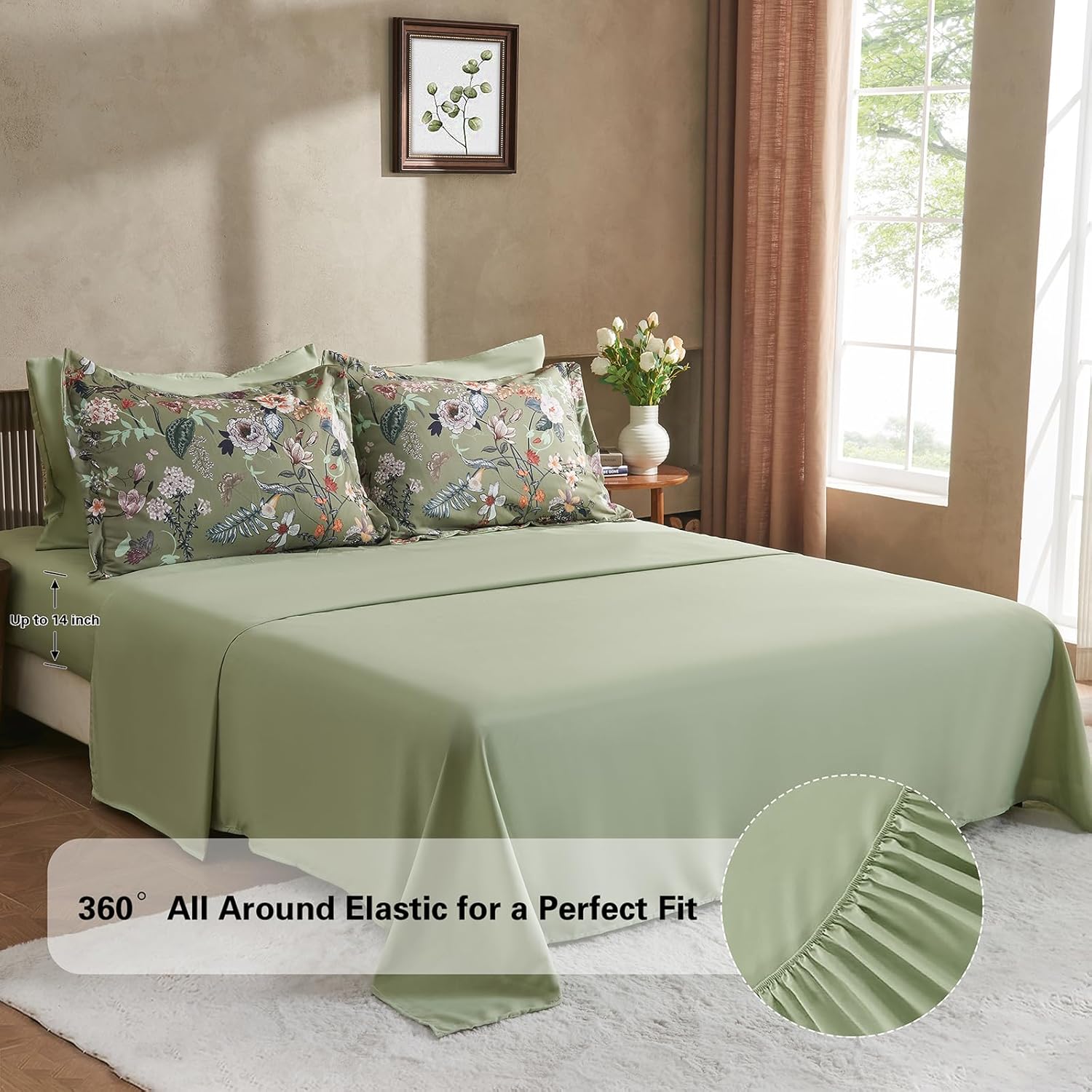 7 Piece Queen Comforter Set, Sage Green Butterfly Floral Comforter Set with Flowers Leaves Pattern, Soft Microfiber Complete Bedding Set for All Season(Sage Green, Queen)