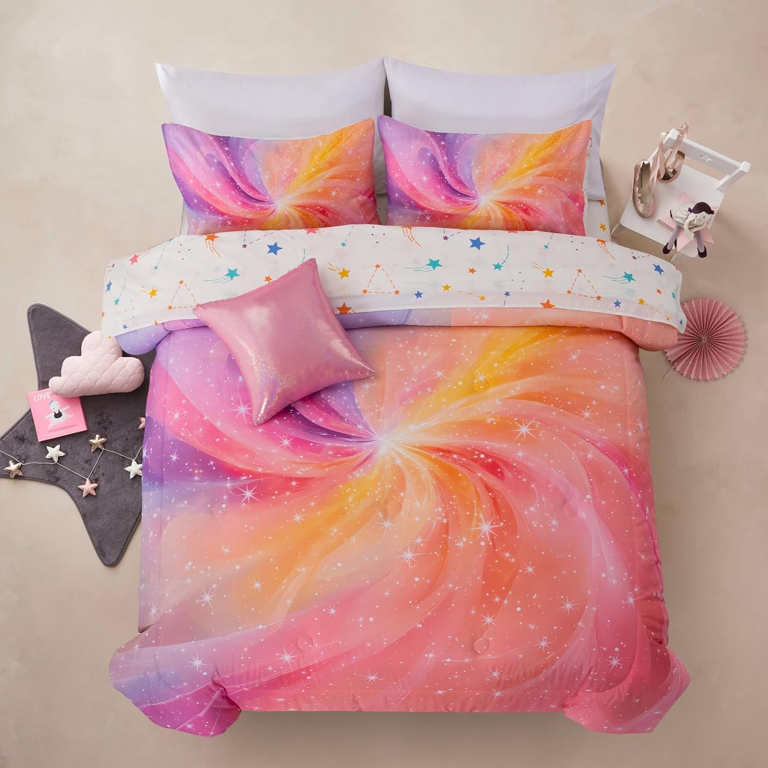 A Nice Night 6Pcs Gradient Glitter Bedding Set for Girls Full Size, Colorful Rainbow Galaxy Comforter Set, Ultra Soft Bedding Sets, Pink
