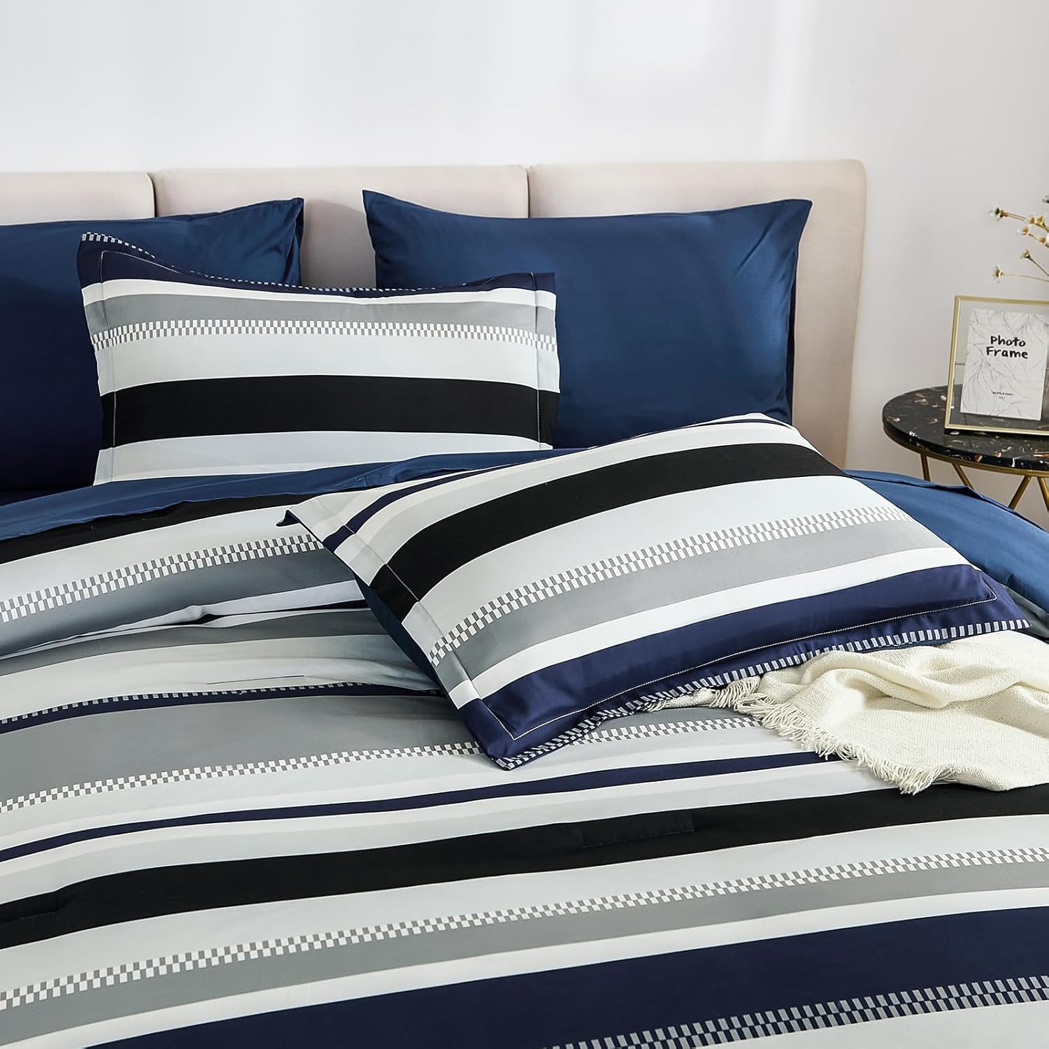 WONGS BEDDING Queen Comforter Set, 7 Pieces Blue Comforter Set Queen, Soft Striped Bed in a Bag Bedding Set with Comforter, Flat Sheet, Fitted Sheet, Pillow Shams, Pillowcase