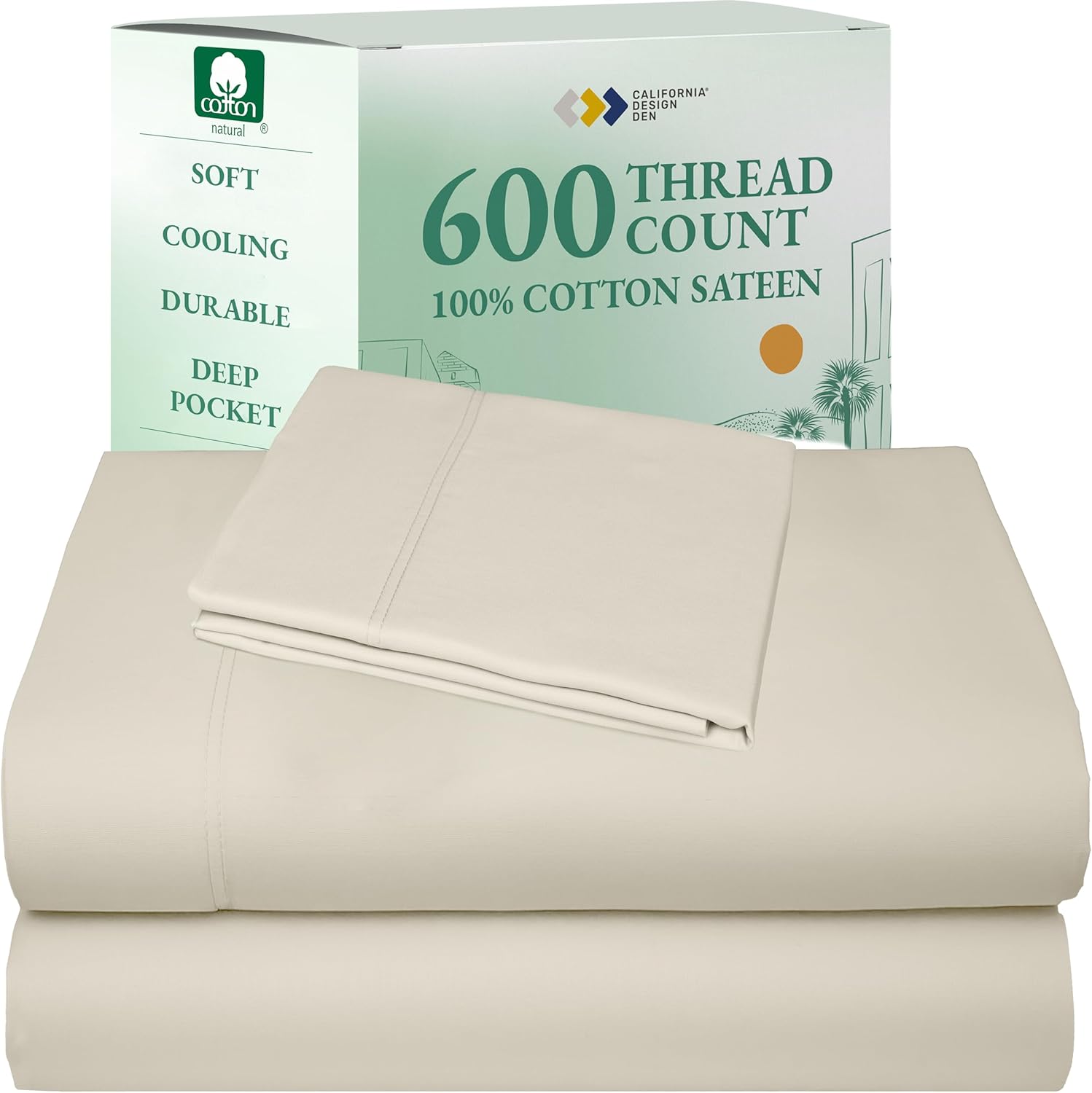 California Design Den Queen Sheet Set - Luxury 600 Thread Count Sateen, 100% Cotton Deep Pocket Queen Sheets with All Around Elastic, Snug Fit, Hotel Quality Bedding Set - White