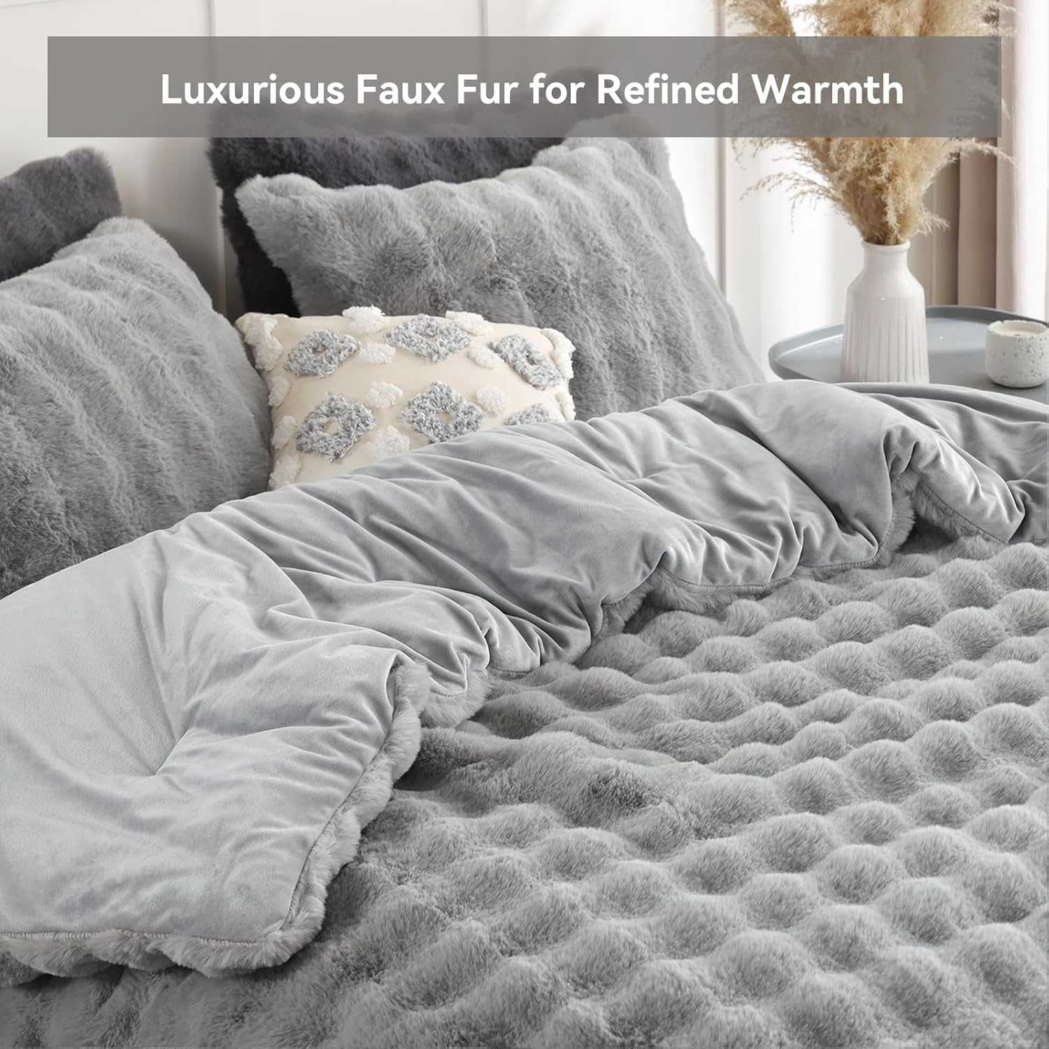 YIKUSH Light Gray Comforter Set King – Ultra Soft & Warm Faux Fur Comforter for Winter, Elegant Fluffy Comforter King Set with Pillowcases, Cozy Gray Bedding Set