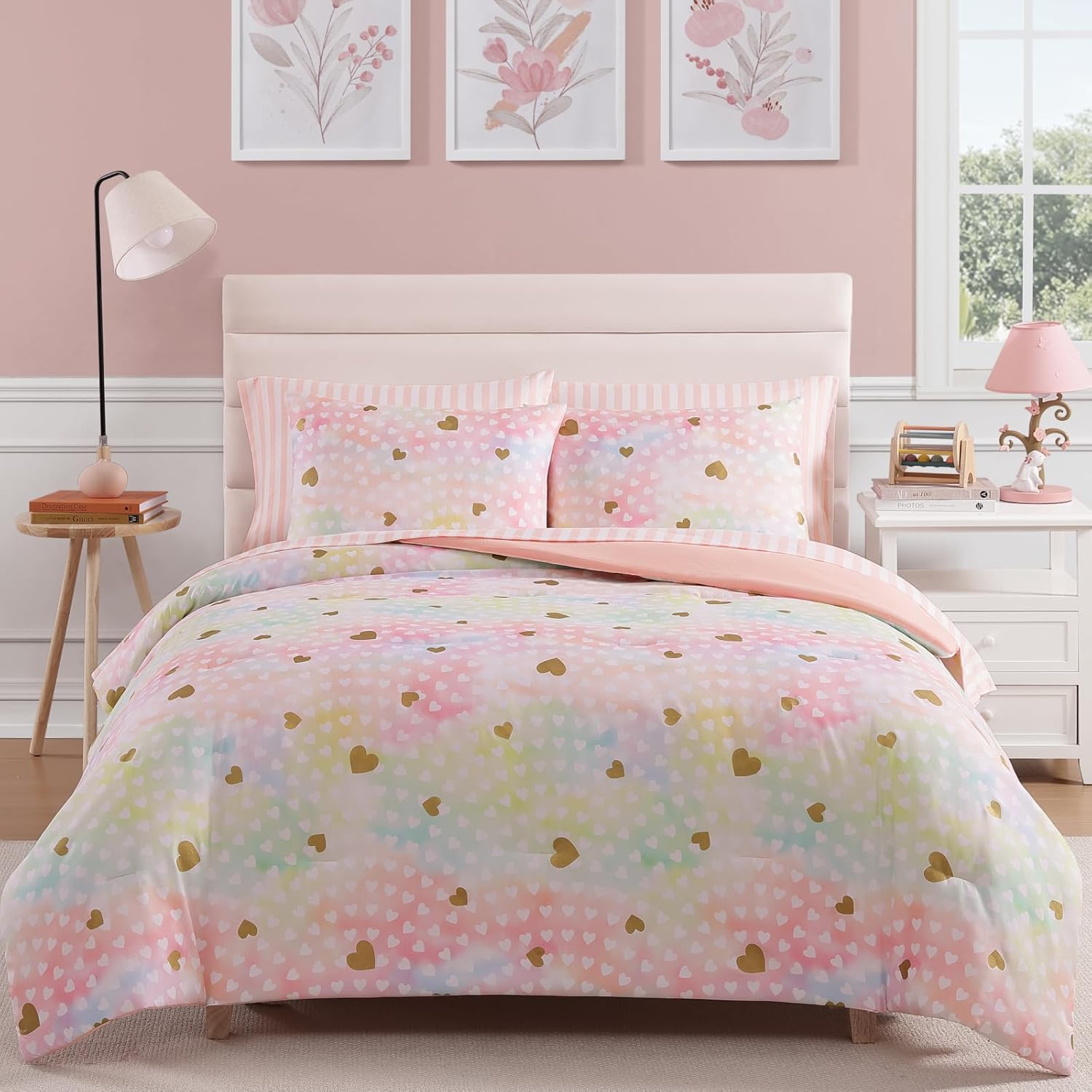 Full Size Comforter Sets with Sheets for Girls-7 Pieces Full Size Bedding Sets with Pink Comforter, Sheets, Pillowcases & Shams for Kids (Pink Gold Heart, 76" X 86")