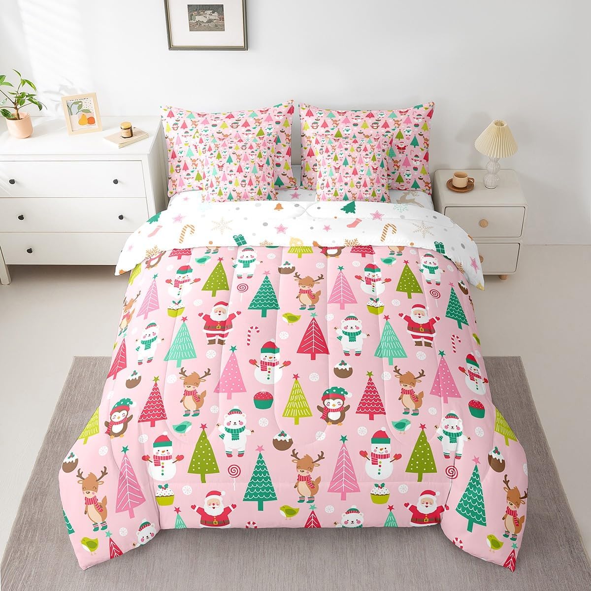 Pink Christmas 7 Piece Bedding Set Full Size Merry Christmas Snowman Bed in a Bag for Boys Girls Bedroom Decor Santa Claus Comforter Set with Sheets,Pillowcases & Cushion Cover Soft Xmas Tree Deer