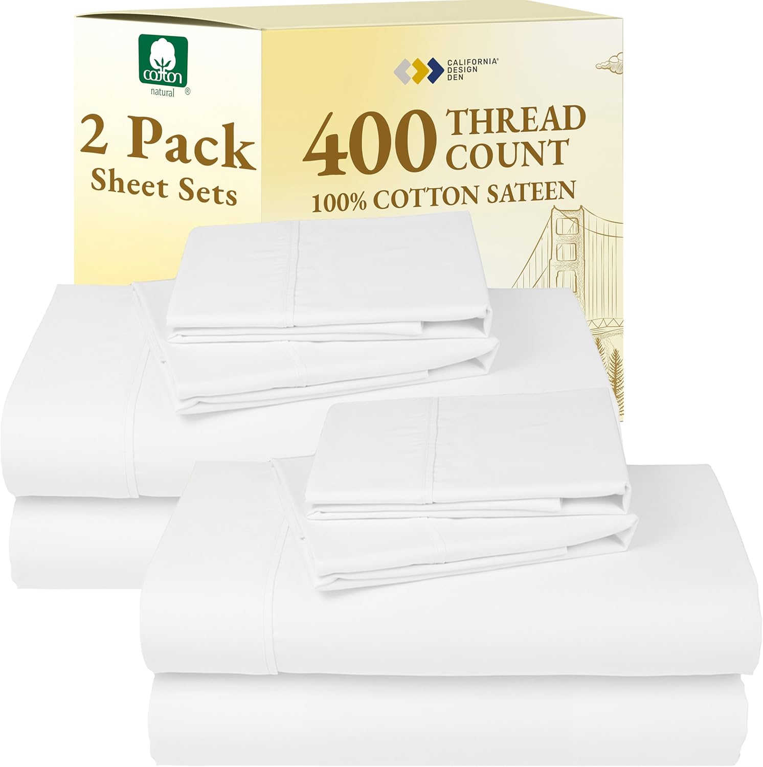 California Design Den King Size Sheets Set - Soft 400 Thread Count Sateen, Natural 100% Cotton Sheets King Size, Deep Pockets with All Around Elastic for a Snug Fit, Cool & Durable Bedding - White