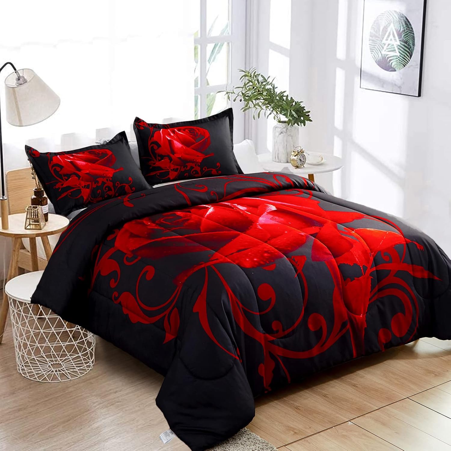WONGS BEDDING Red Comforter Set Queen Reversible Red Rose Pattern Printed Bedding Down Comforter with 2 Pillowcases for All Seasons, Soft Microfiber Lightweight Bedding Set 90"x90"