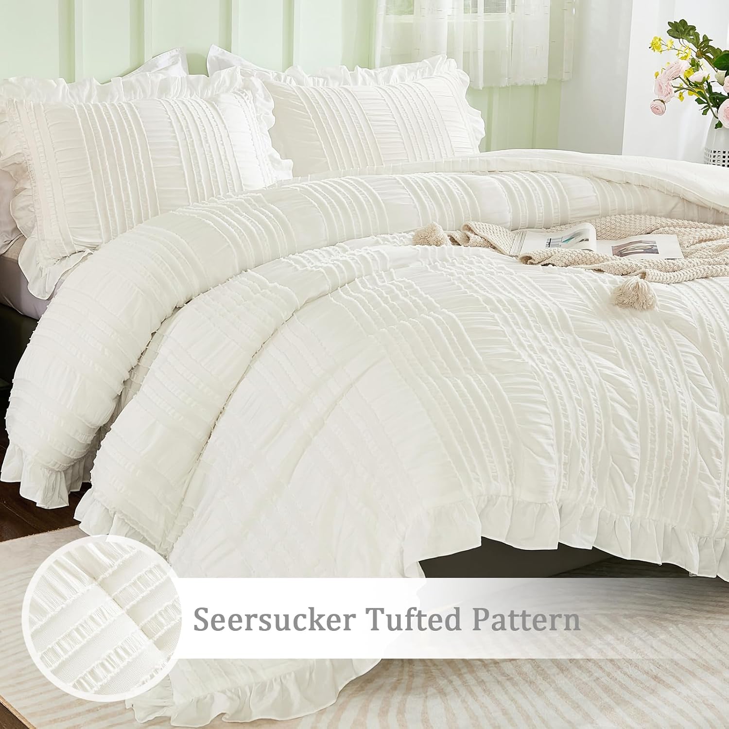 WONGS BEDDING White Queen Comforter Set,Boho Ruffle Comforter for Queen Bed,Soft Seersucker Shabby Chic Bedding Set with 1 Comforter,2 Tufted Pillowcases 90"×90"