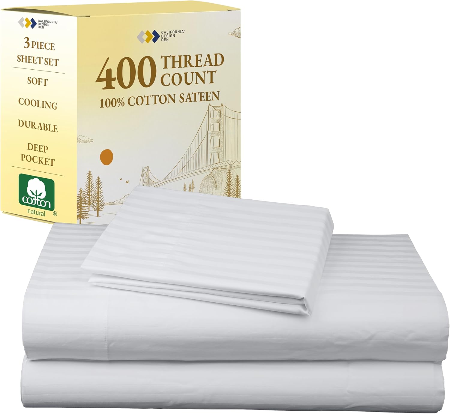 California Design Den King Size Sheets Set - Soft 400 Thread Count Sateen, Natural 100% Cotton Sheets King Size, Deep Pockets with All Around Elastic for a Snug Fit, Cool & Durable Bedding - White