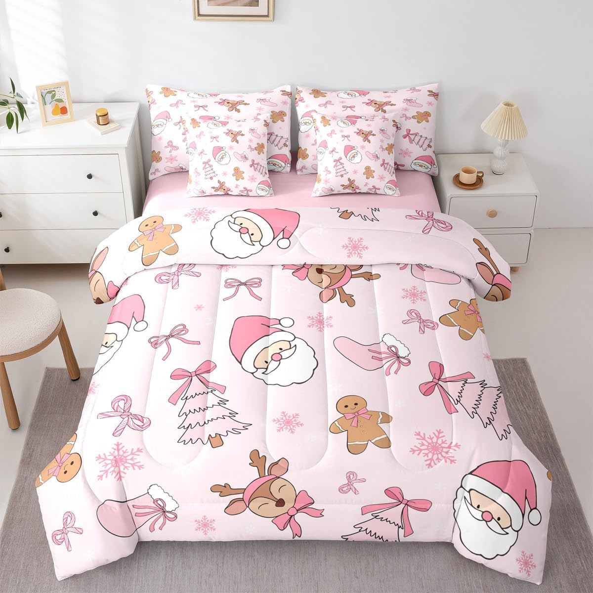Pink Christmas 7 Piece Bedding Set Full Size Merry Christmas Snowman Bed in a Bag for Boys Girls Bedroom Decor Santa Claus Comforter Set with Sheets,Pillowcases & Cushion Cover Soft Xmas Tree Deer