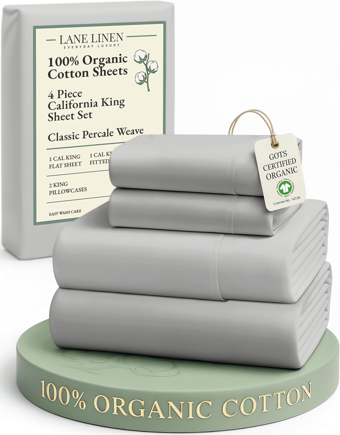 LANE LINEN 100% Organic Cotton King Size Sheets Set, Soft & Comfy All Season Breathable Sheets King Size, Percale Weave Fully Elasticized Eco Friendly Naturally Cooling King White Bed Sheets