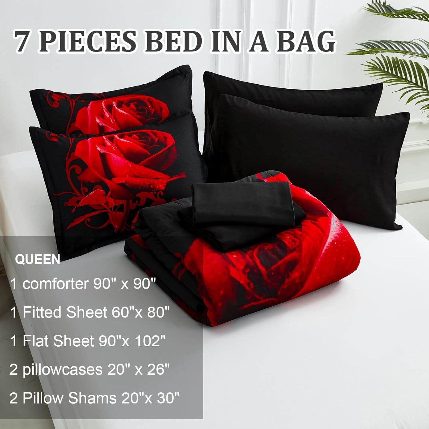WONGS BEDDING Red Comforter Set Queen, Reversible Red Rose 7 Pieces Bed in a Bag, Lightweight Soft Microfiber Bedding Sets with Comforter, Flat Sheet, Fitted Sheet, Pillowcases & Shams