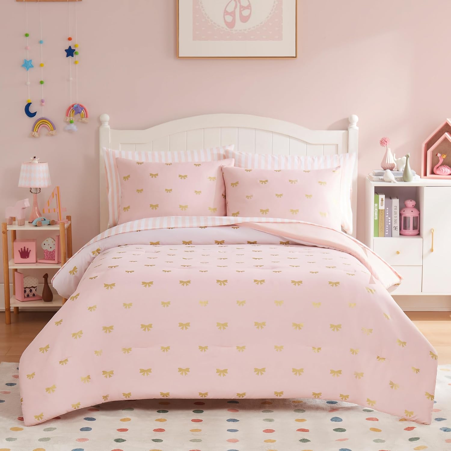 Full Size Comforter Sets with Sheets for Girls-7 Pieces Full Size Bedding Sets with Pink Comforter, Sheets, Pillowcases & Shams for Kids (Pink Gold Heart, 76" X 86")