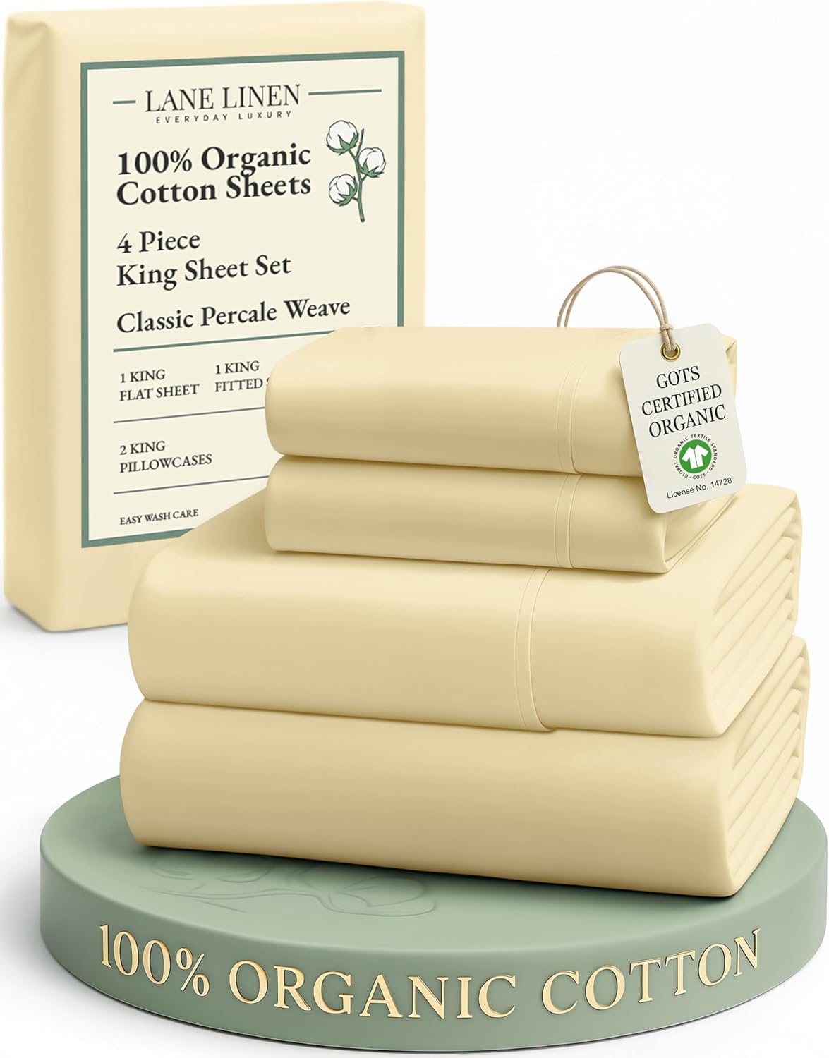 LANE LINEN 100% Organic Cotton King Size Sheets Set, Soft & Comfy All Season Breathable Sheets King Size, Percale Weave Fully Elasticized Eco Friendly Naturally Cooling King White Bed Sheets