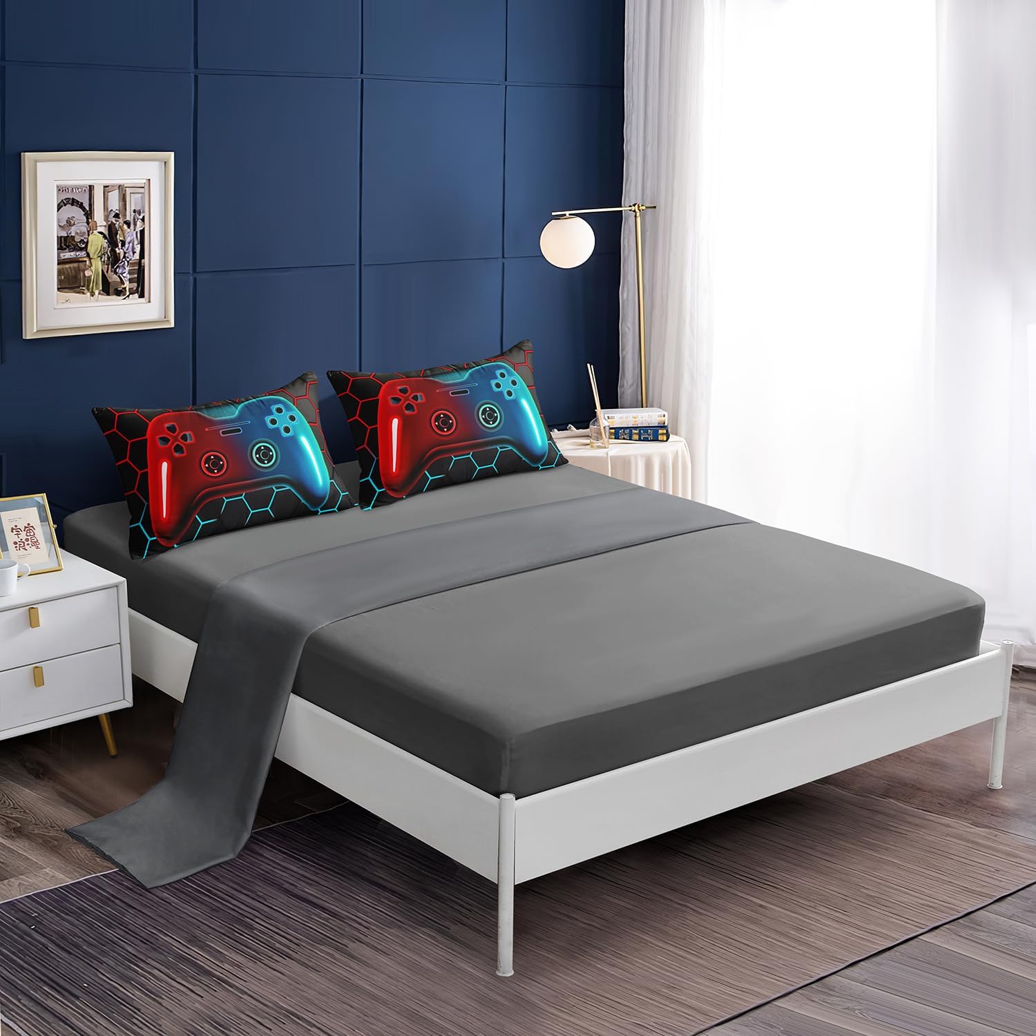 6 Pieces Bed in a Bag for Boys Bedding Sets Queen Size,Gamer Comforter Sets for Boys Kids, Gaming Comforter Set for Teens Room Decor with Flat Sheet,Fitted Sheet,Pillowcase,Cushion Cover