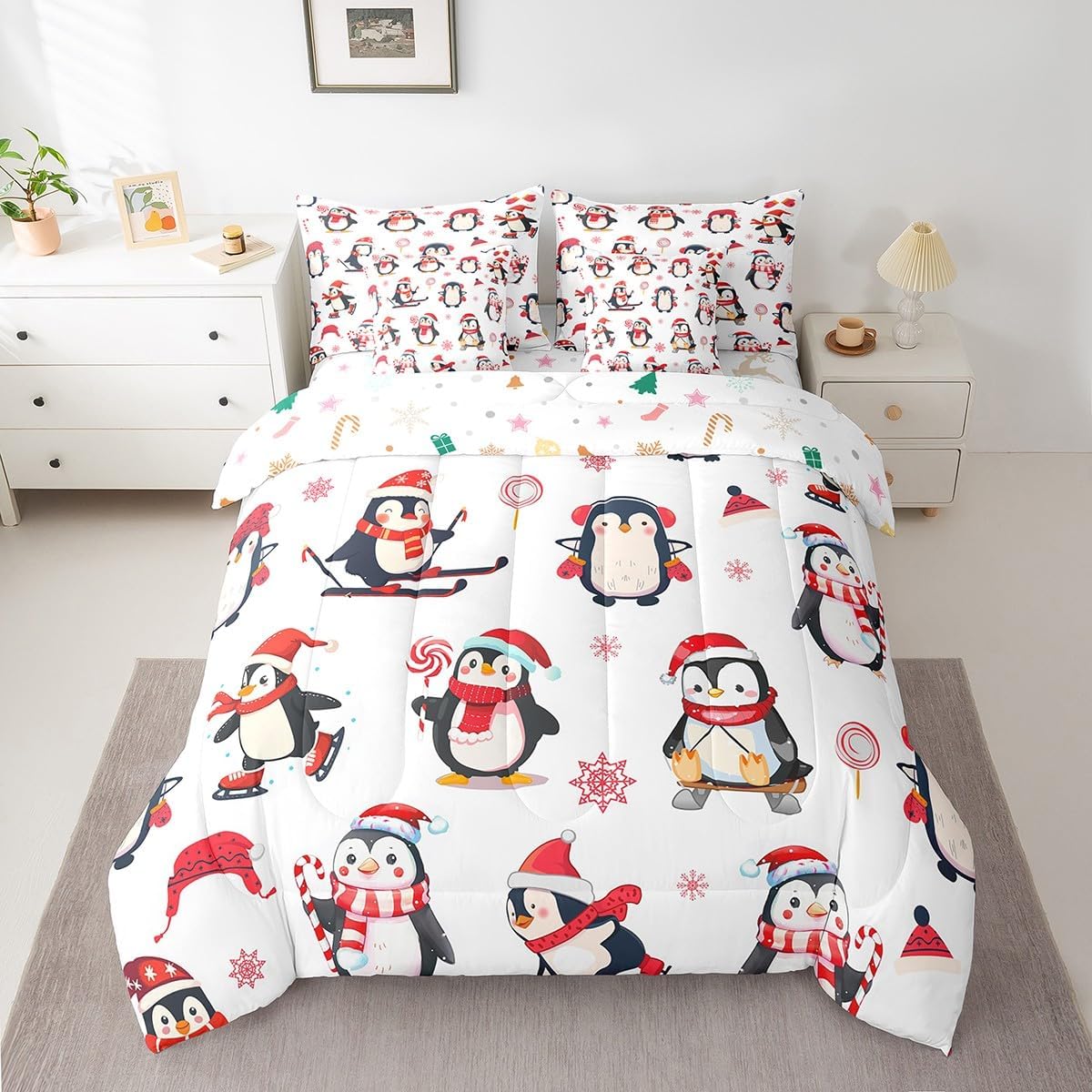 Pink Christmas 7 Piece Bedding Set Full Size Merry Christmas Snowman Bed in a Bag for Boys Girls Bedroom Decor Santa Claus Comforter Set with Sheets,Pillowcases & Cushion Cover Soft Xmas Tree Deer