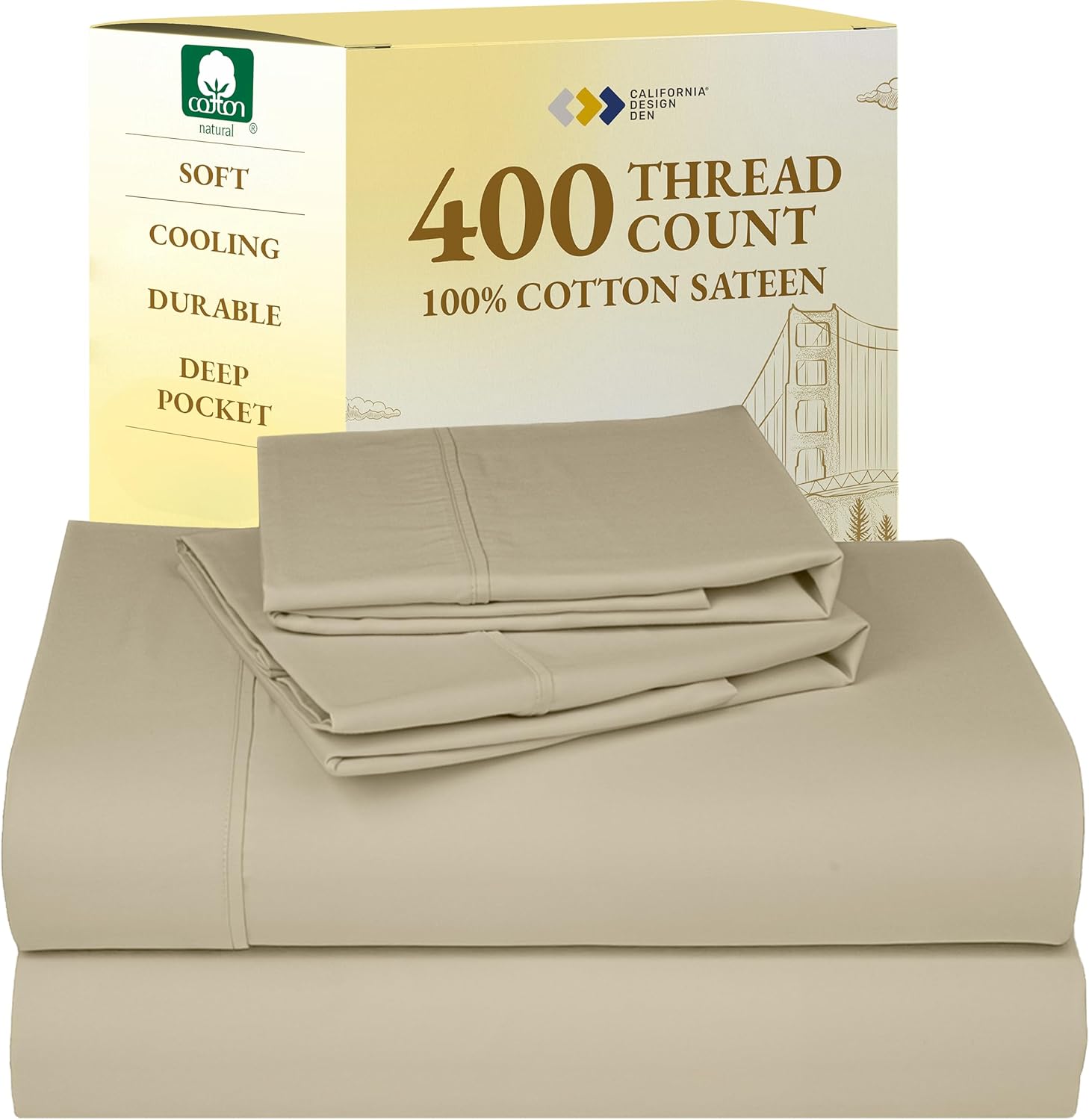 California Design Den King Size Sheets Set - Soft 400 Thread Count Sateen, Natural 100% Cotton Sheets King Size, Deep Pockets with All Around Elastic for a Snug Fit, Cool & Durable Bedding - White