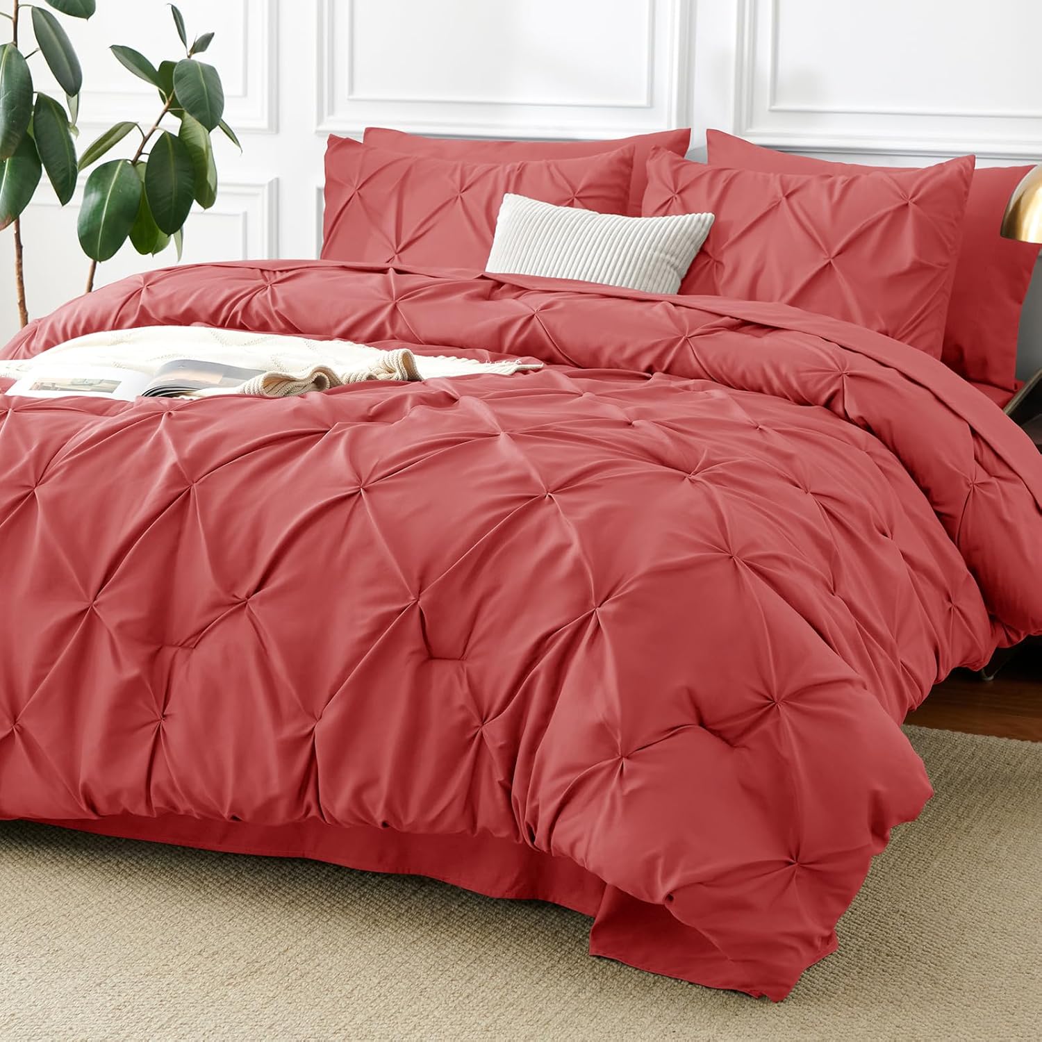CozyLux Full Size Comforter Sets Blush Pink, 7 Pieces Pintuck Bed in A Bag Pink Comforter Full Size, Pinch Pleat Bedding Sets with All Season Comforter, Sheets, Pillowcases & Shams