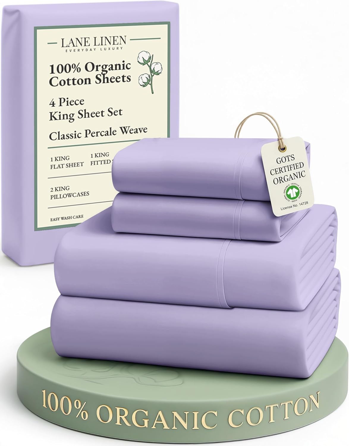 LANE LINEN 100% Organic Cotton King Size Sheets Set, Soft & Comfy All Season Breathable Sheets King Size, Percale Weave Fully Elasticized Eco Friendly Naturally Cooling King White Bed Sheets