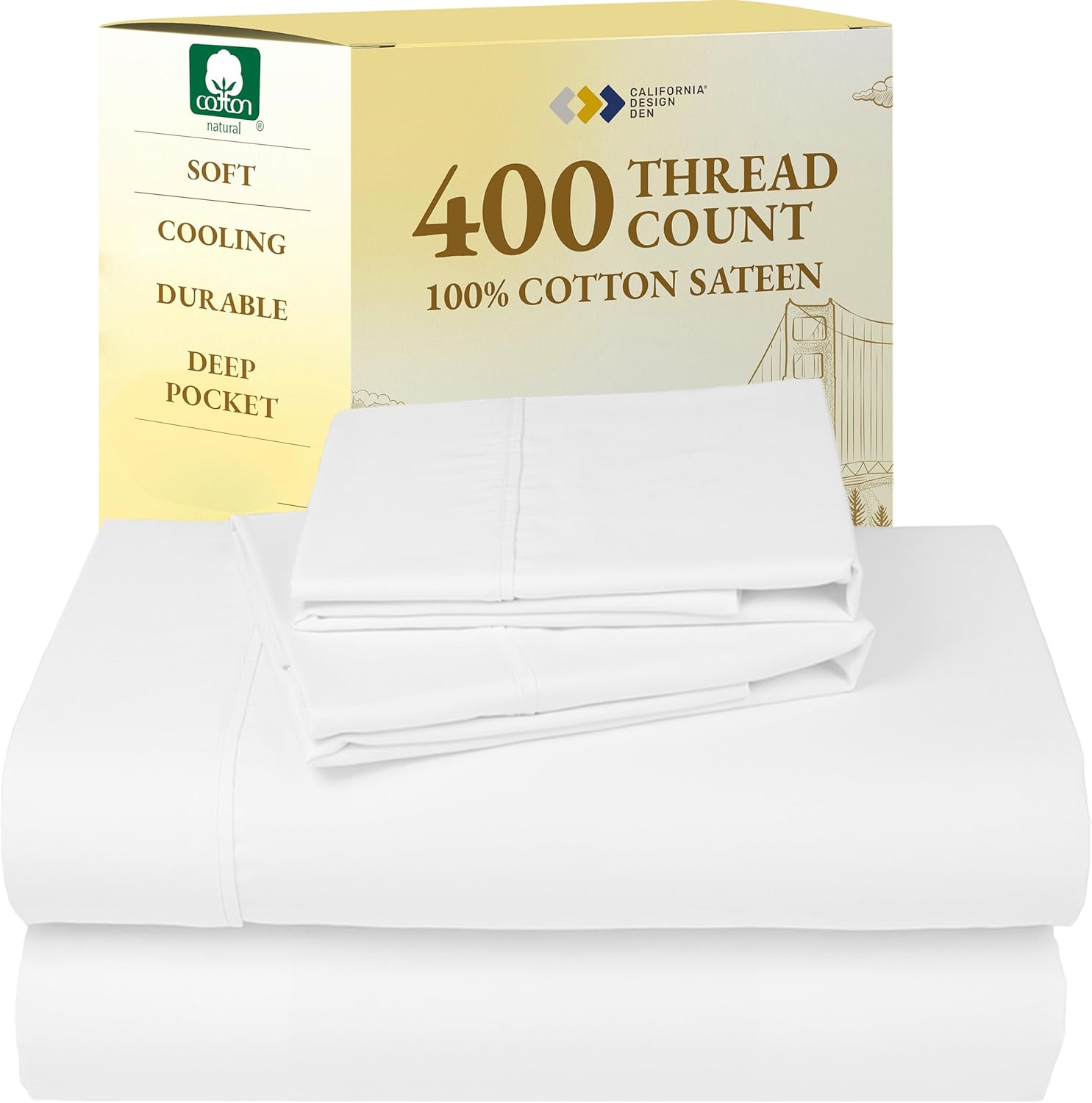 California Design Den King Size Sheets Set - Soft 400 Thread Count Sateen, Natural 100% Cotton Sheets King Size, Deep Pockets with All Around Elastic for a Snug Fit, Cool & Durable Bedding - White