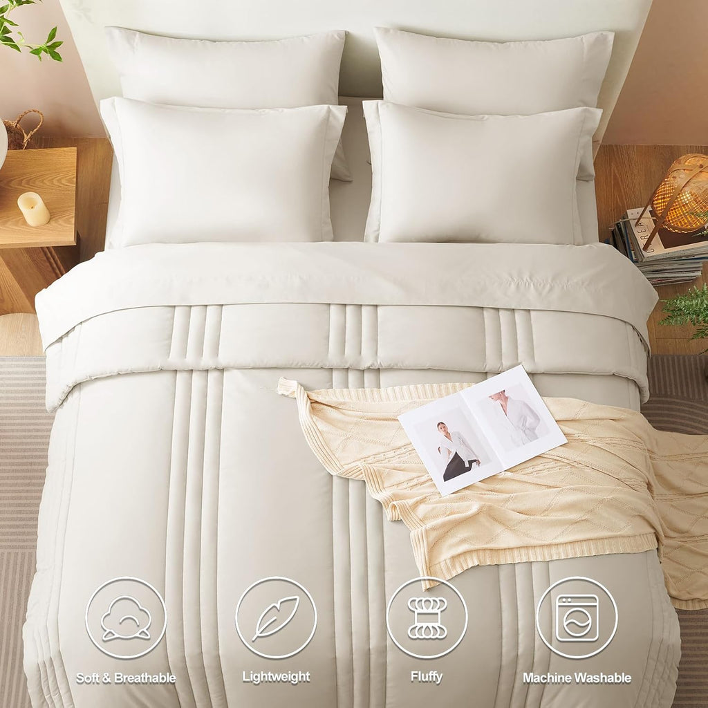 CozyLux Full Size Comforter Sets - 7 Pieces Bed in a Bag Beige Comforters Full Size Bed Set, Soft Bedding Set with All Seasons Comforter, Sheets, Pillowcases & Shams